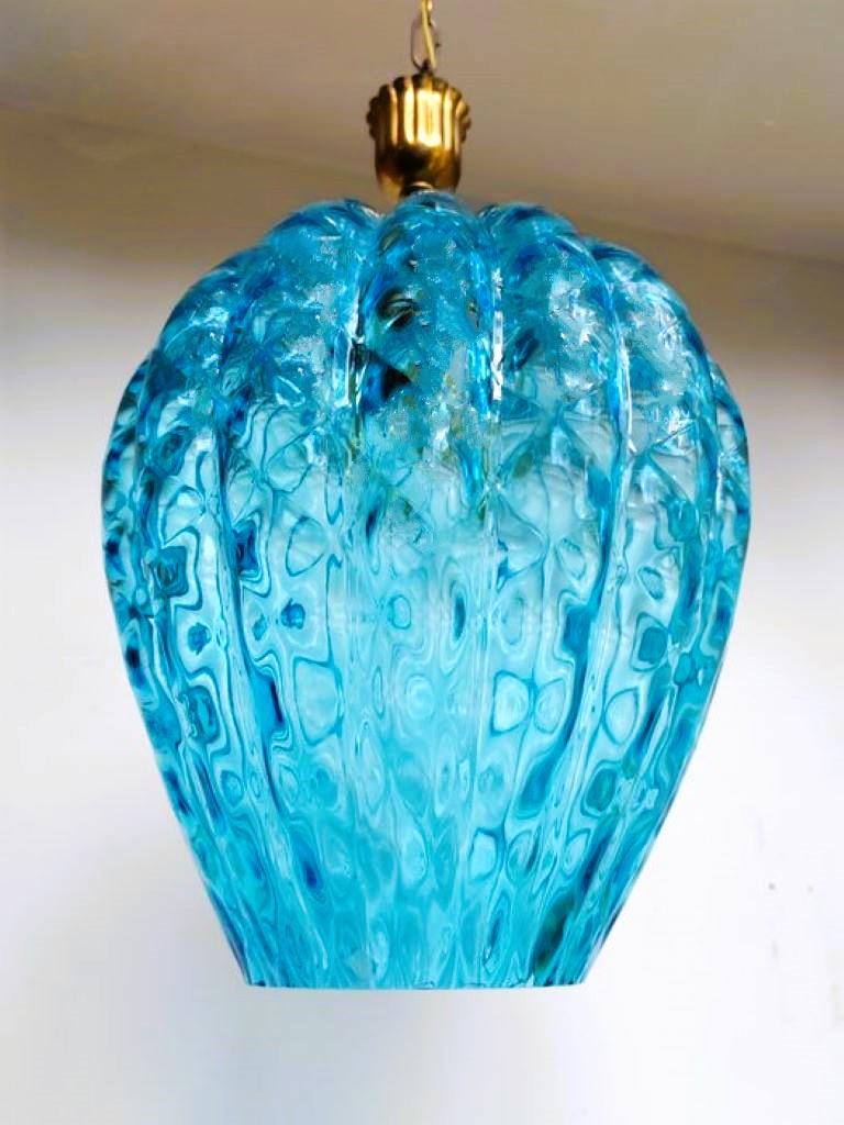 Fontana Arte Pendant Murano Blue Glass Brass Lantern, Italy, 1950s For Sale 2