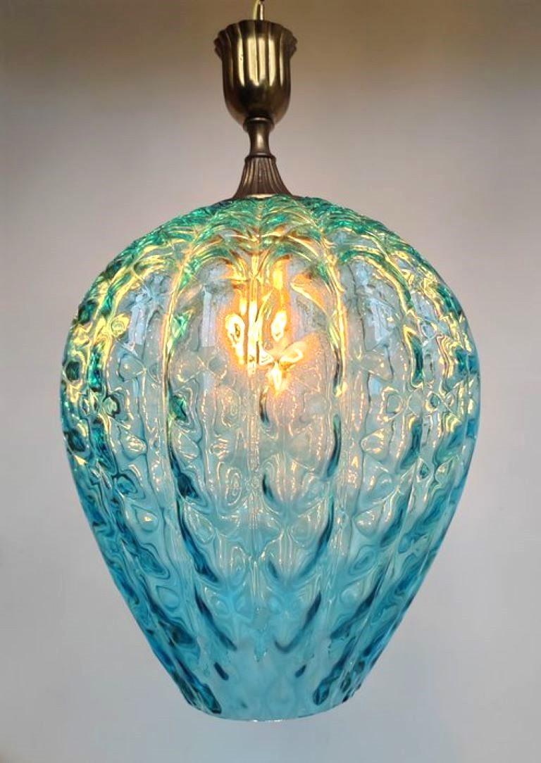 Fontana Arte Murano Blue Glass Brass Pendant Lantern, Italy, 1950s For Sale 3