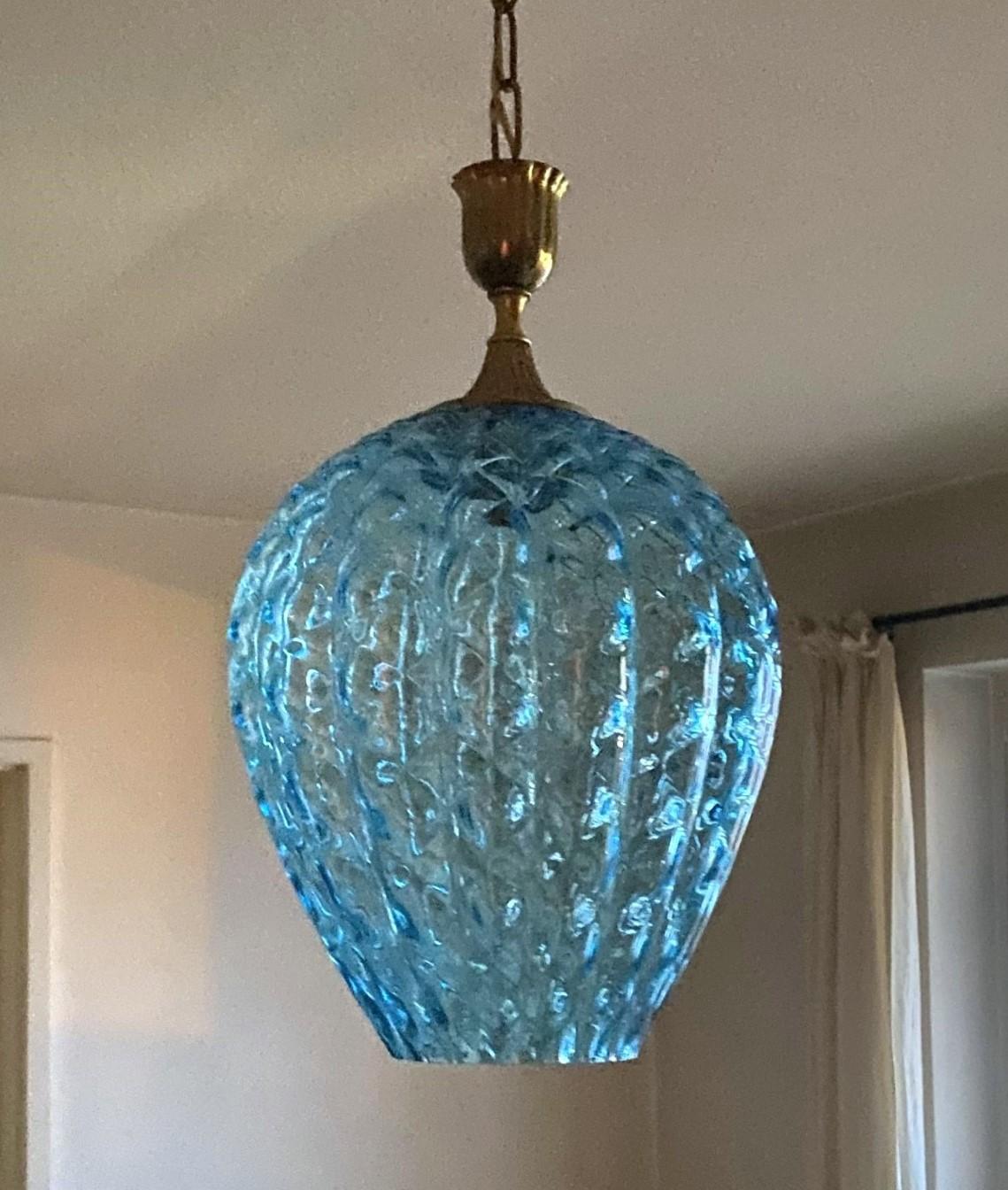 Italian Fontana Arte Murano Blue Glass Brass Pendant Lantern, Italy, 1950s For Sale