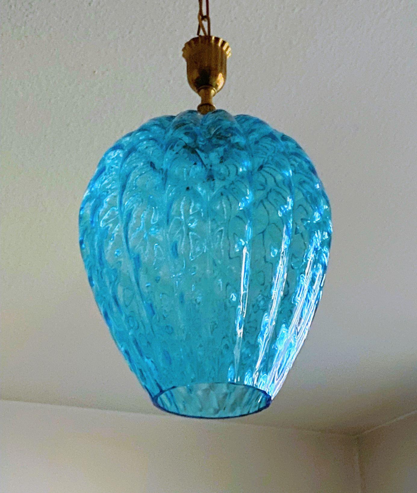 Fontana Arte Murano Blue Glass Brass Pendant Lantern, Italy, 1950s For Sale 1