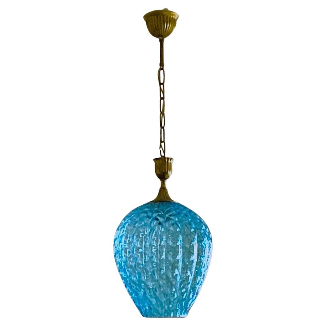 Fontana Arte Murano Blue Glass Brass Pendant Lantern, Italy, 1950s
