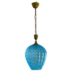 Fontana Arte Pendant Murano Blue Glass Brass Lantern, Italy, 1950s