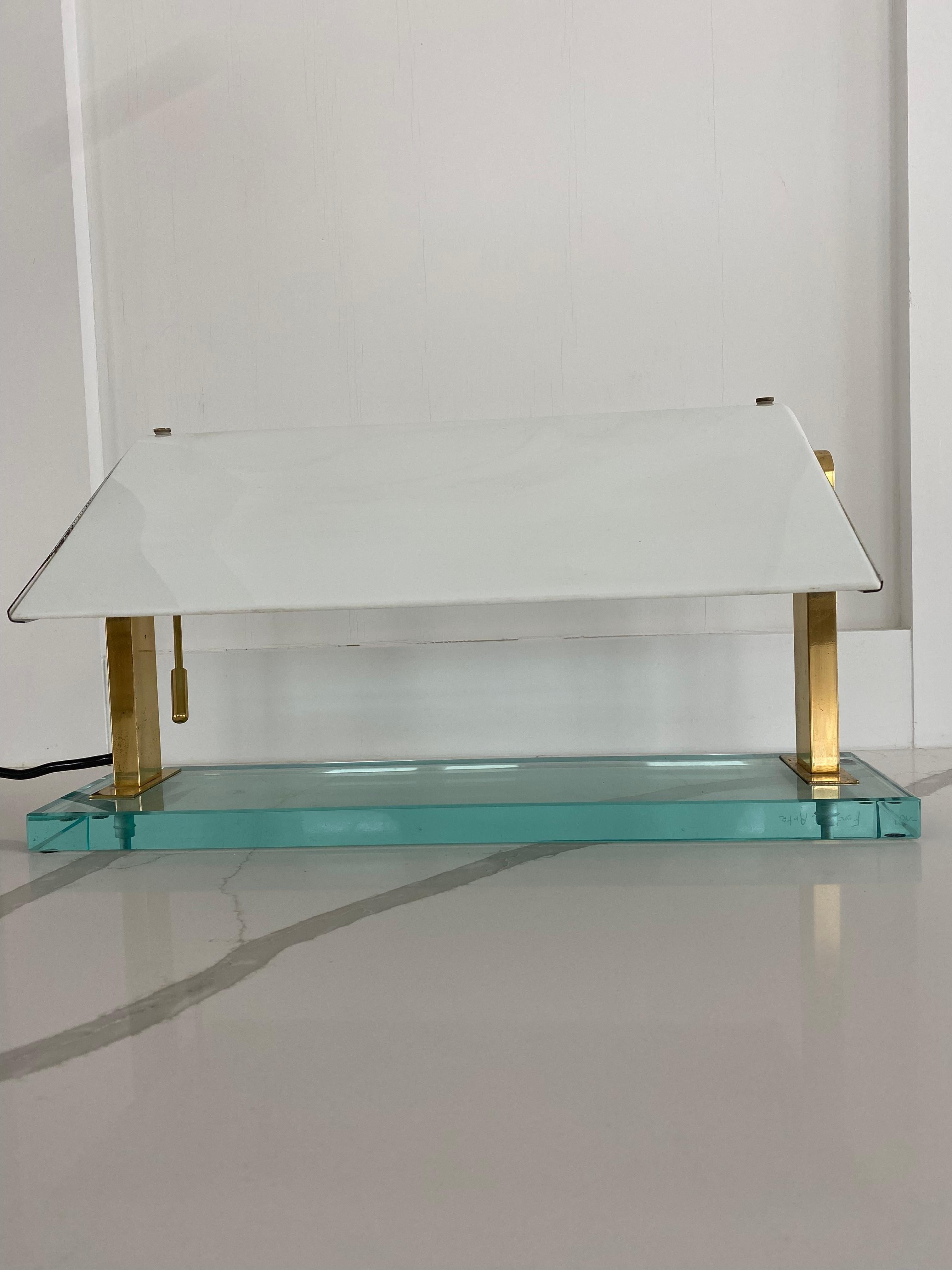 Mid-Century Modern Fontana Arte Pietro Chiesa Desk Lamp Crystal Base Brass Structure Milk Glass For Sale