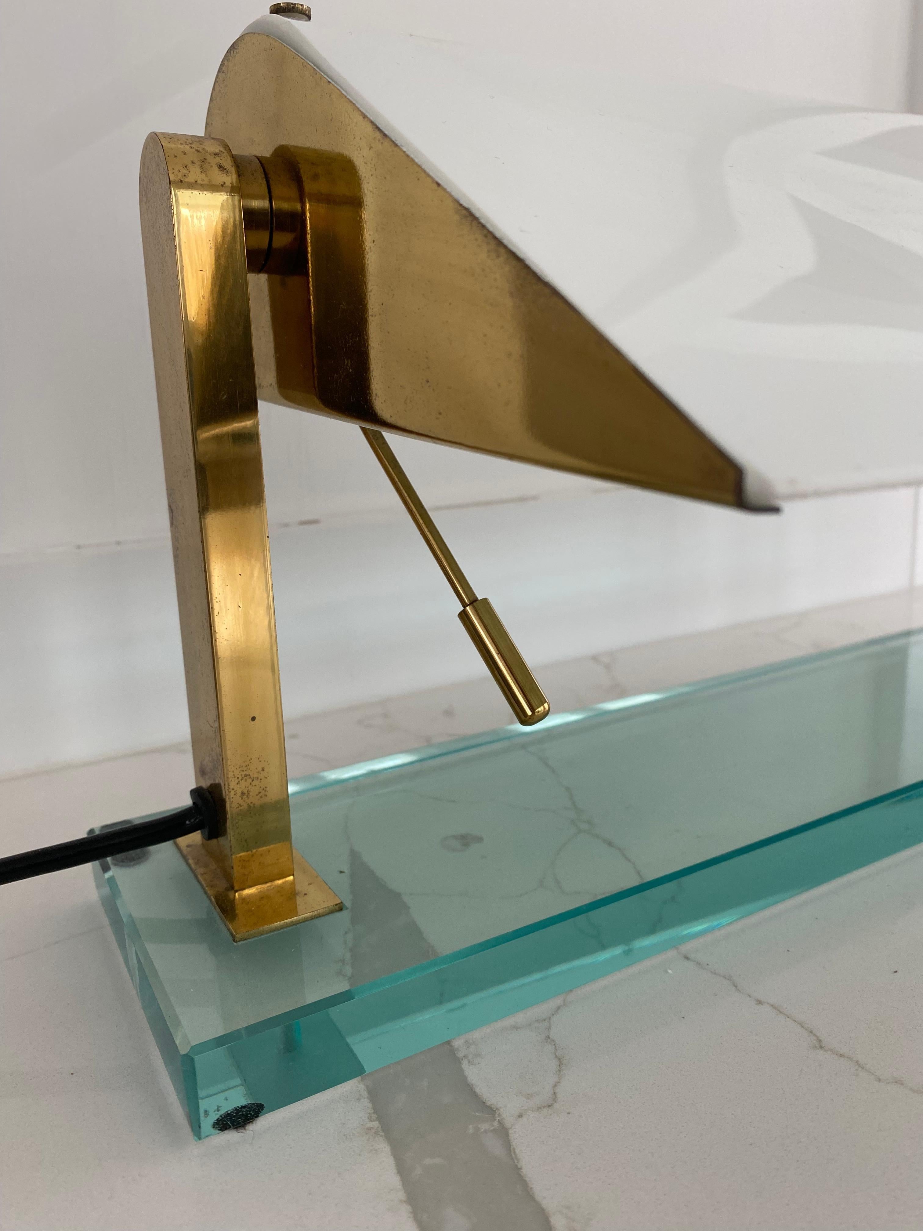 Italian Fontana Arte Pietro Chiesa Desk Lamp Crystal Base Brass Structure Milk Glass For Sale