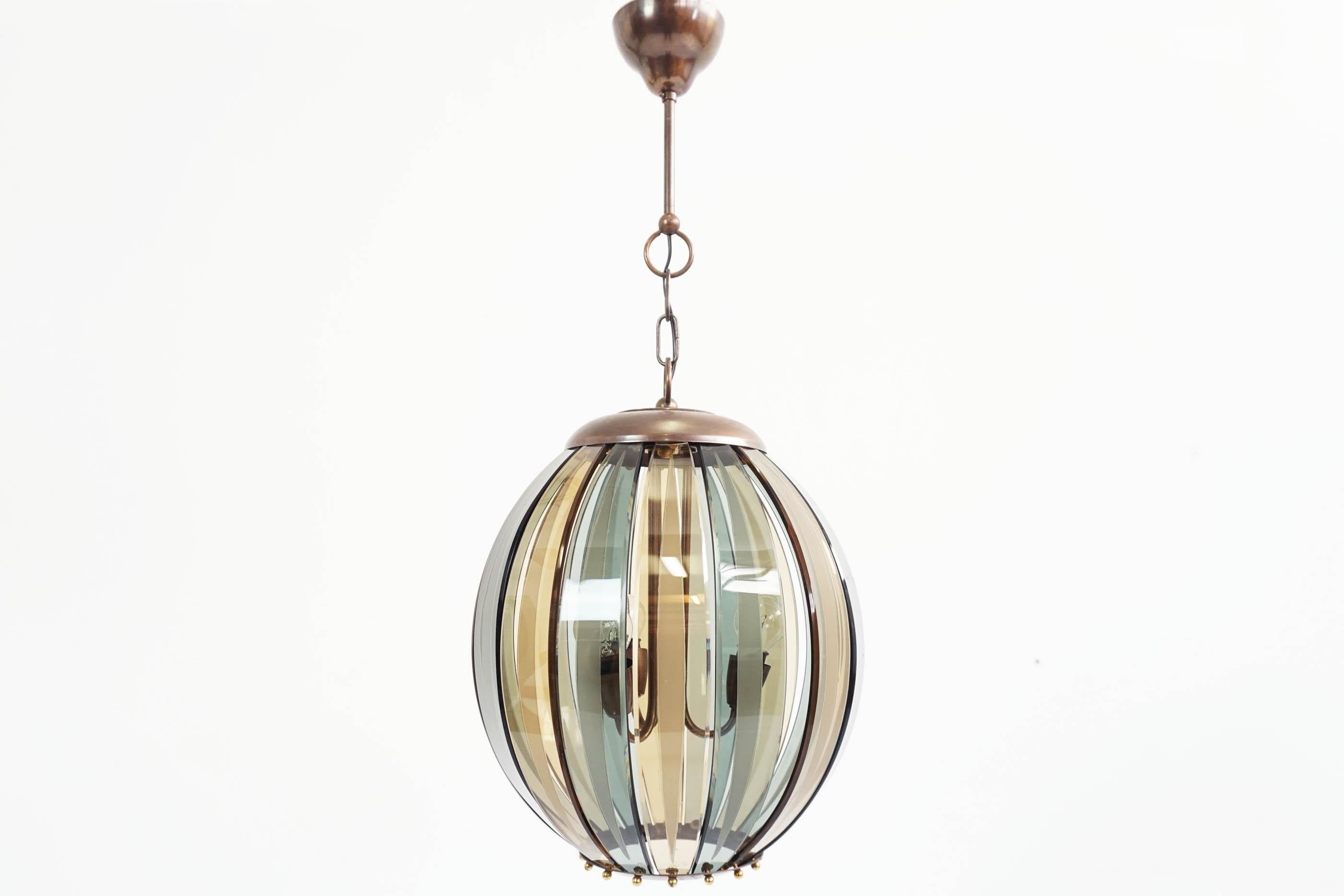 Mid-Century Modern Fontana Arte, Pipetro Chiesa Attributed Colored Curved Glass Chandelier, Italy