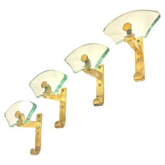 Fontana Arte Set of Four Glass and Patinated Brass Wall Coat Rack, Italy, 1950