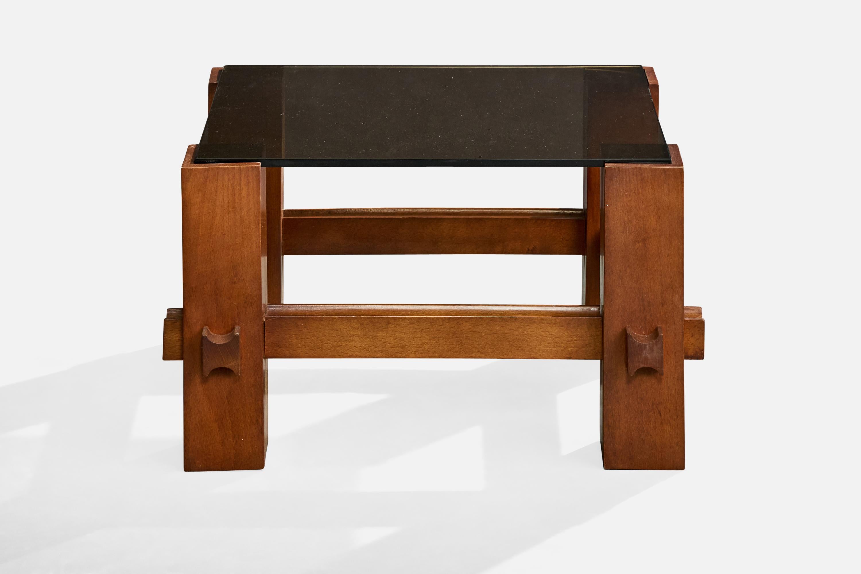 Mid-Century Modern Fontana Arte, table d'appoint, noyer, verre, Italie, années 1960 en vente