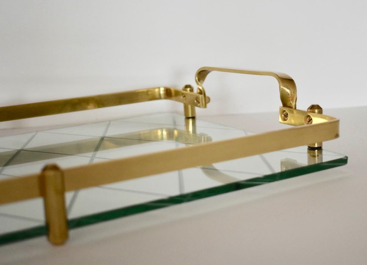 Cross-Banded Fontana Arte Style Brass and Wheel Cut Glass Vanity or Accessory Tray For Sale