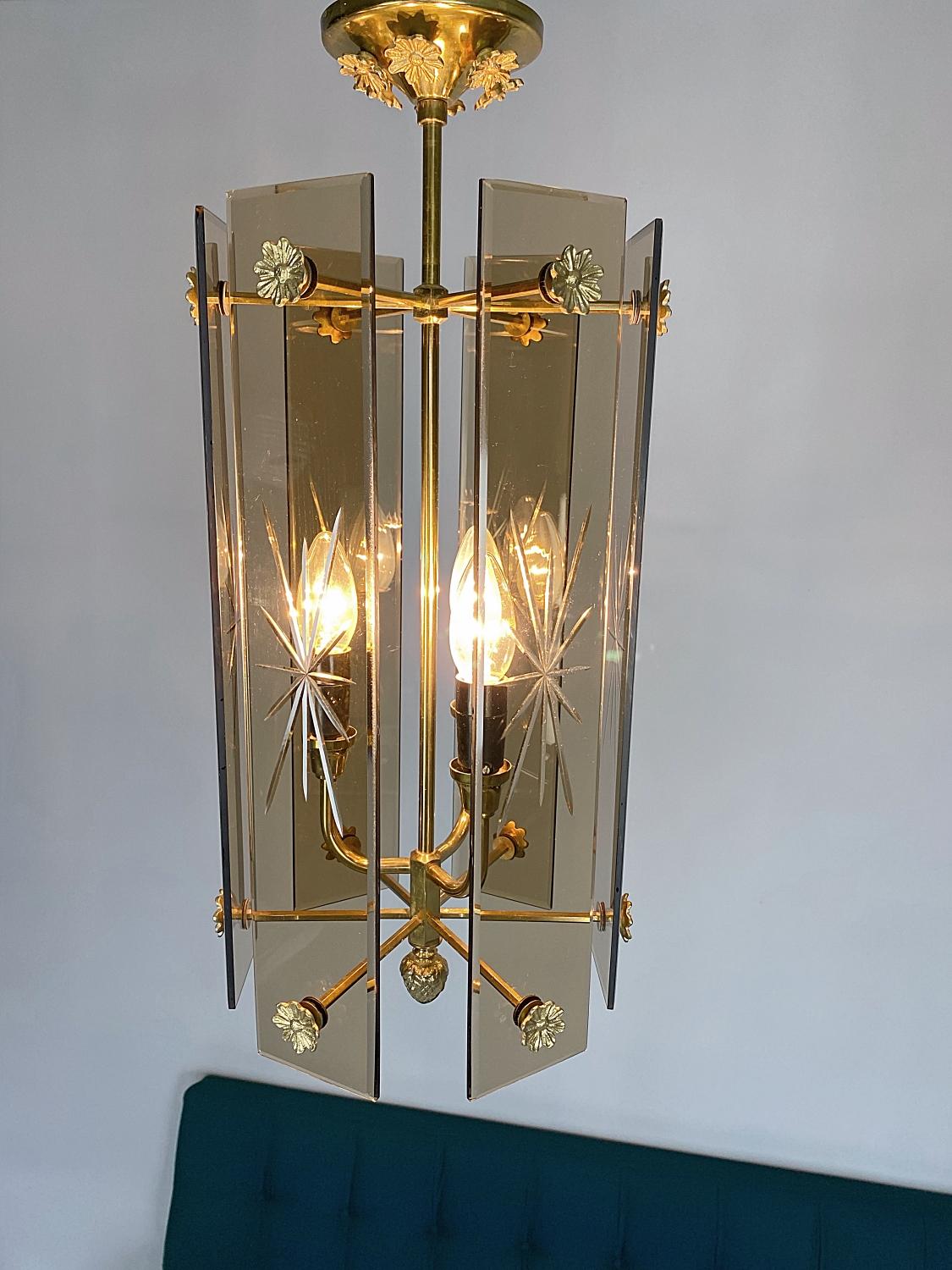 20th Century Fontana Arte Style Brass & Carved Glass Lantern, 1950s, Italy For Sale