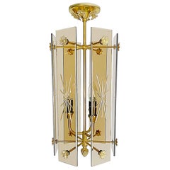 Fontana Arte Style Brass & Carved Glass Lantern, 1950s, Italy