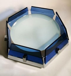 Fontana Arte Style Ceiling Light 'or Wall Sconce' Italian Blue Glass and Steel
