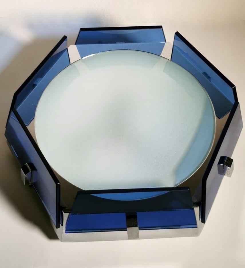 Mid-Century Modern Fontana Arte Style Ceiling Light 'or Wall Sconce' Italian Blue Glass and Steel