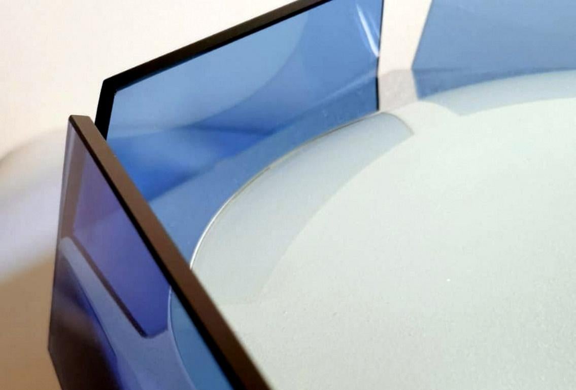 Fontana Arte Style Ceiling Light 'or Wall Sconce' Italian Blue Glass and Steel 3