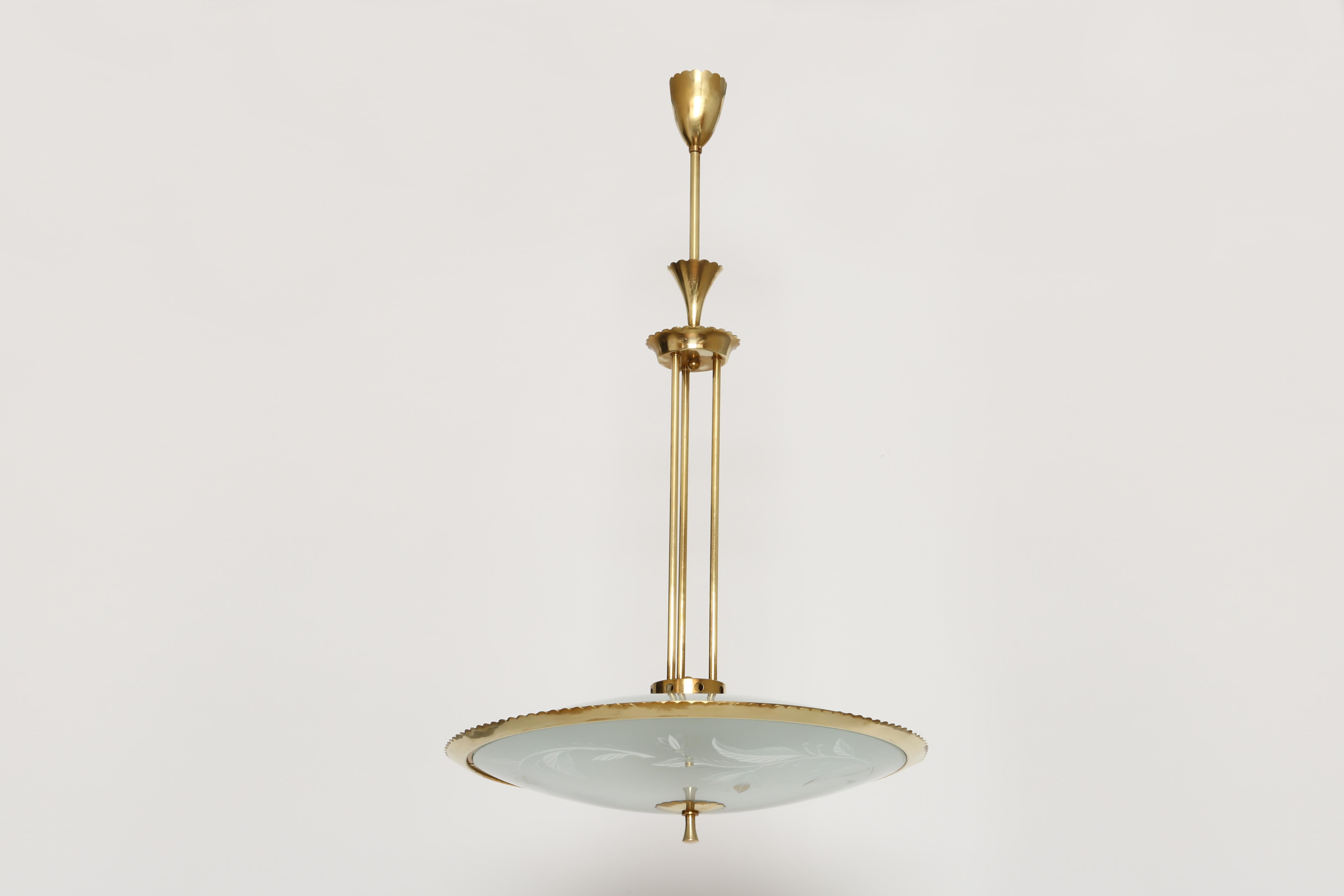 Pietro Chiesa for Fontana Arte style ceiling pendant attributed.
Designed and made in Italy in 1960s.
Glass, brass.
Takes 3 candelabra bulbs. 
Complimentary US rewiring upon request.
Overall drop is adjustable. Can be shorter.

We take pride in