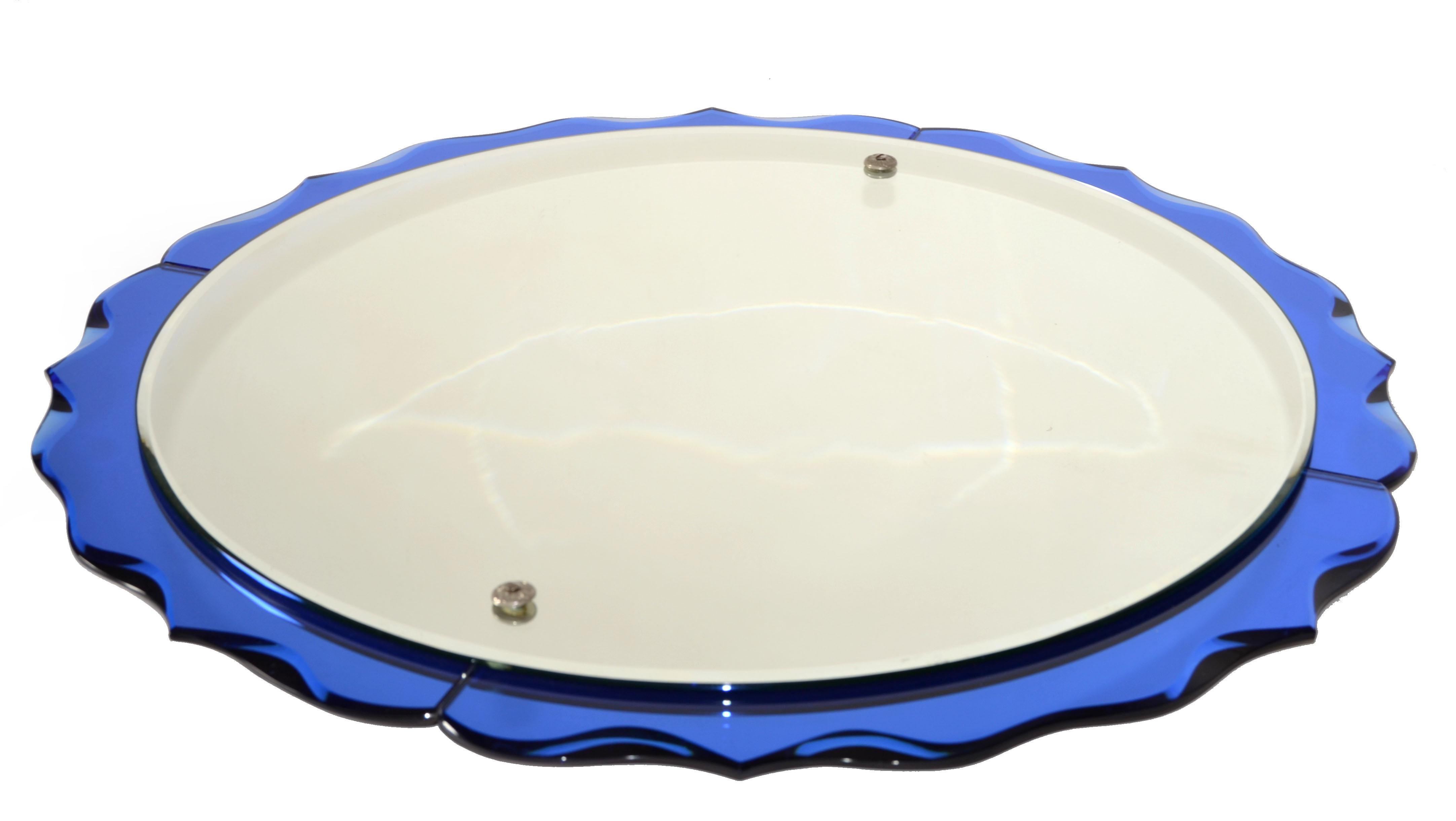 Fontana Arte Style Cobalt Blue Round Double Glass Wall Mirror Italy Art Deco 60s For Sale 3