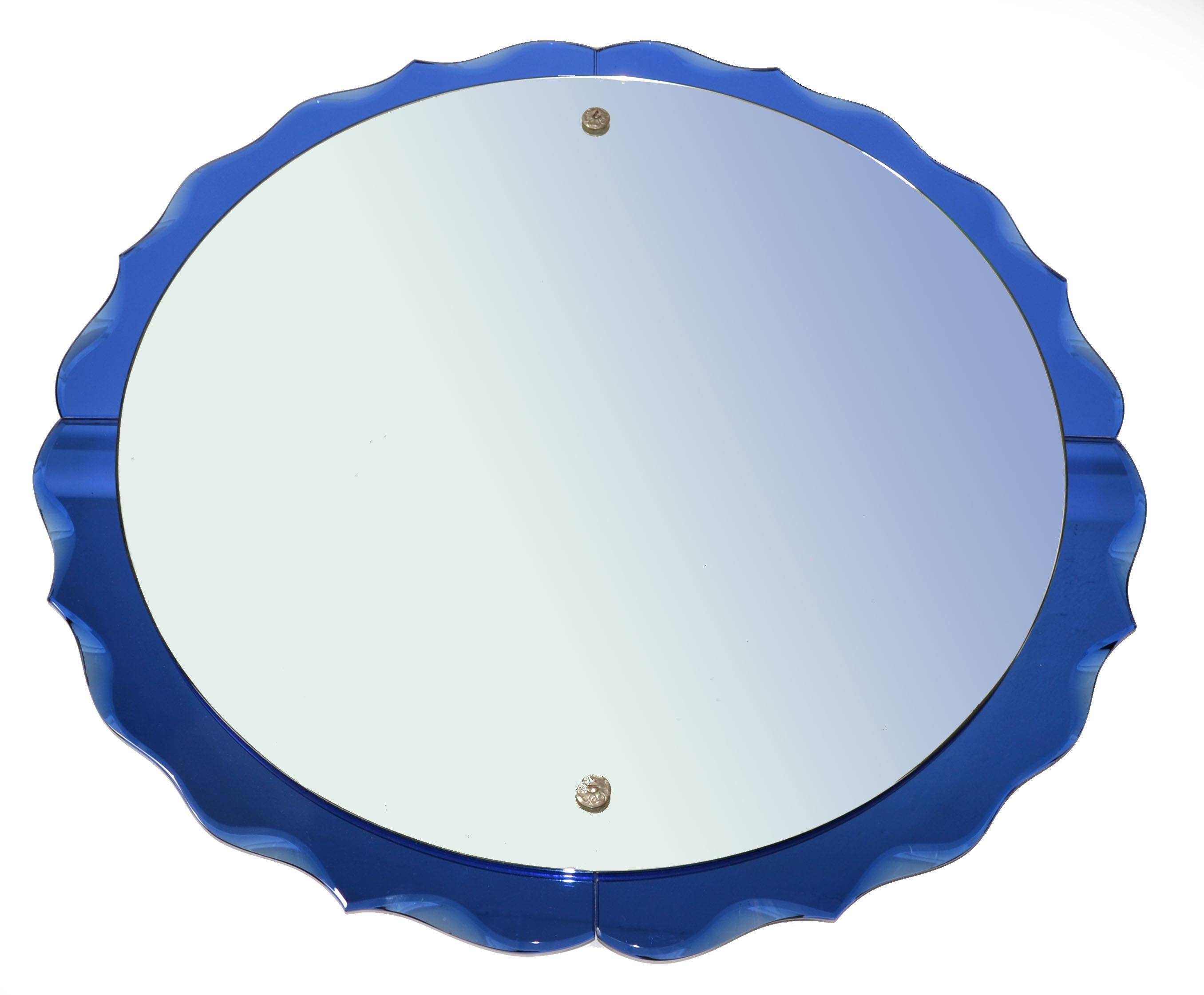 Fontana Arte Style Cobalt Blue Round Double Glass Wall Mirror Italy Art Deco 60s For Sale 4