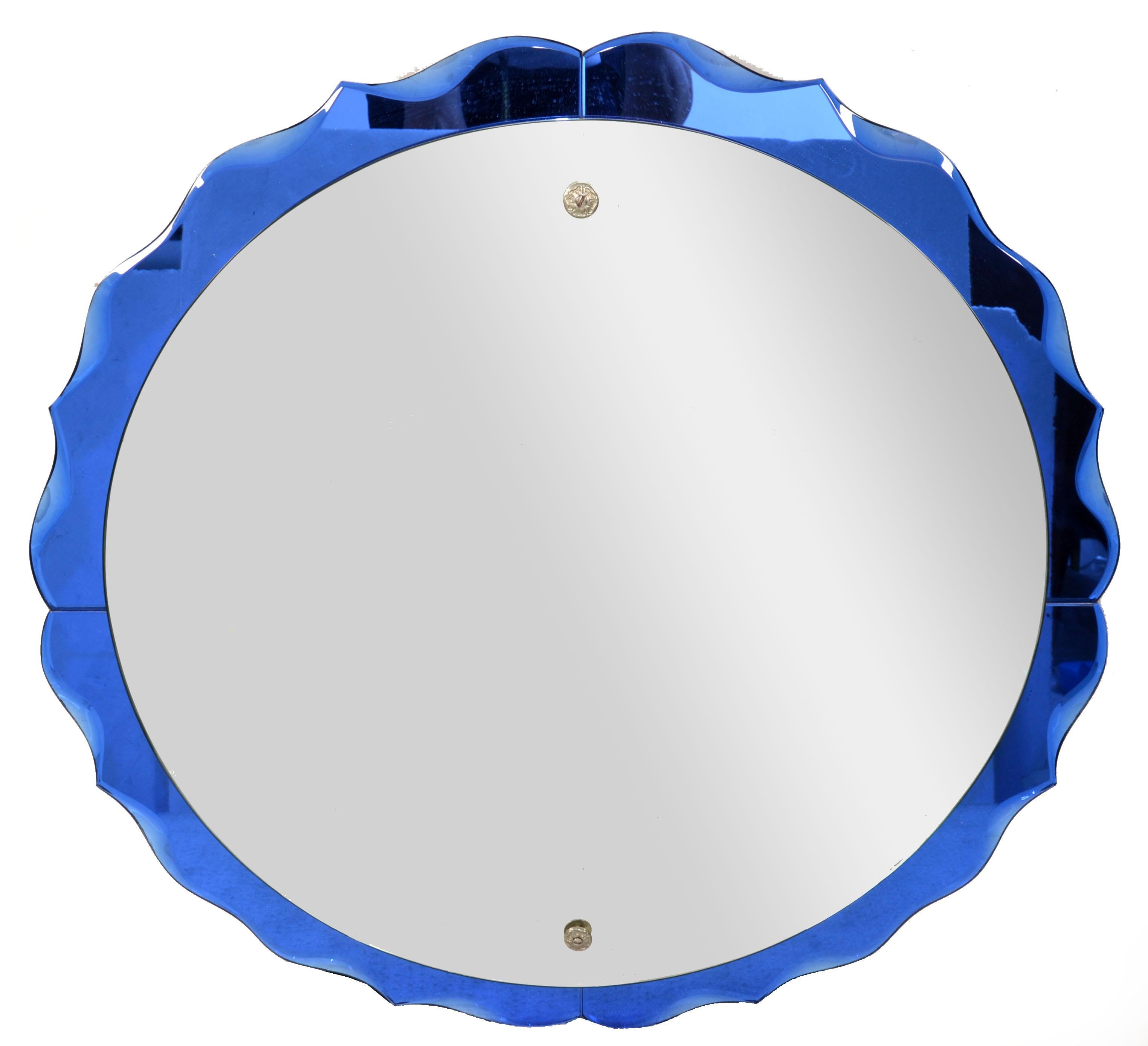Fontana Arte Style Cobalt Blue Round Double Glass Wall Mirror Italy Art Deco 60s For Sale 8