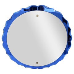 Fontana Arte Style Cobalt Blue Round Double Glass Wall Mirror Italy Art Deco 60s