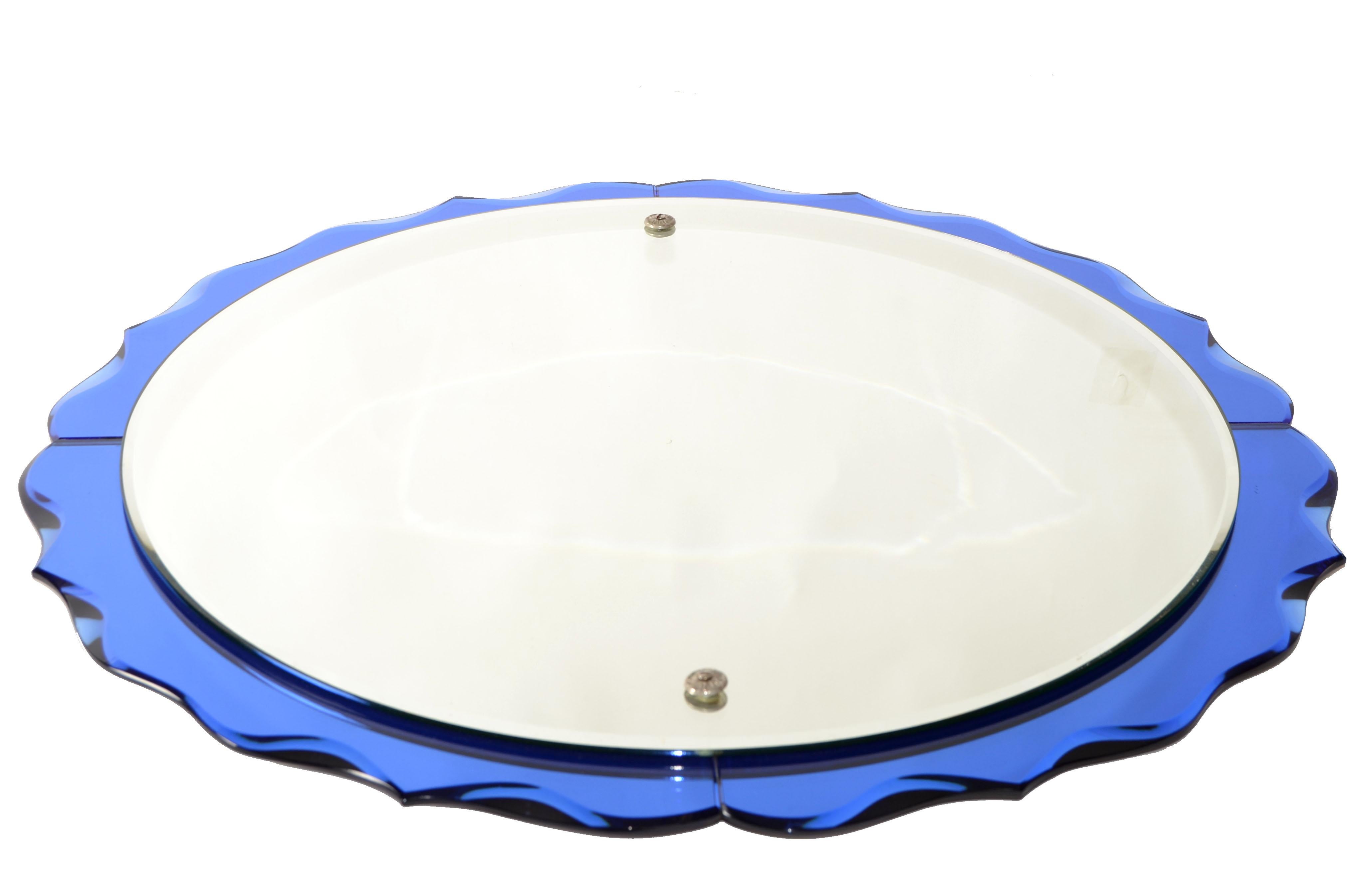 Mid-Century Modern Fontana Arte Style Cobalt Blue Round Double Glass Wall Mirror Italy Art Deco 60s For Sale