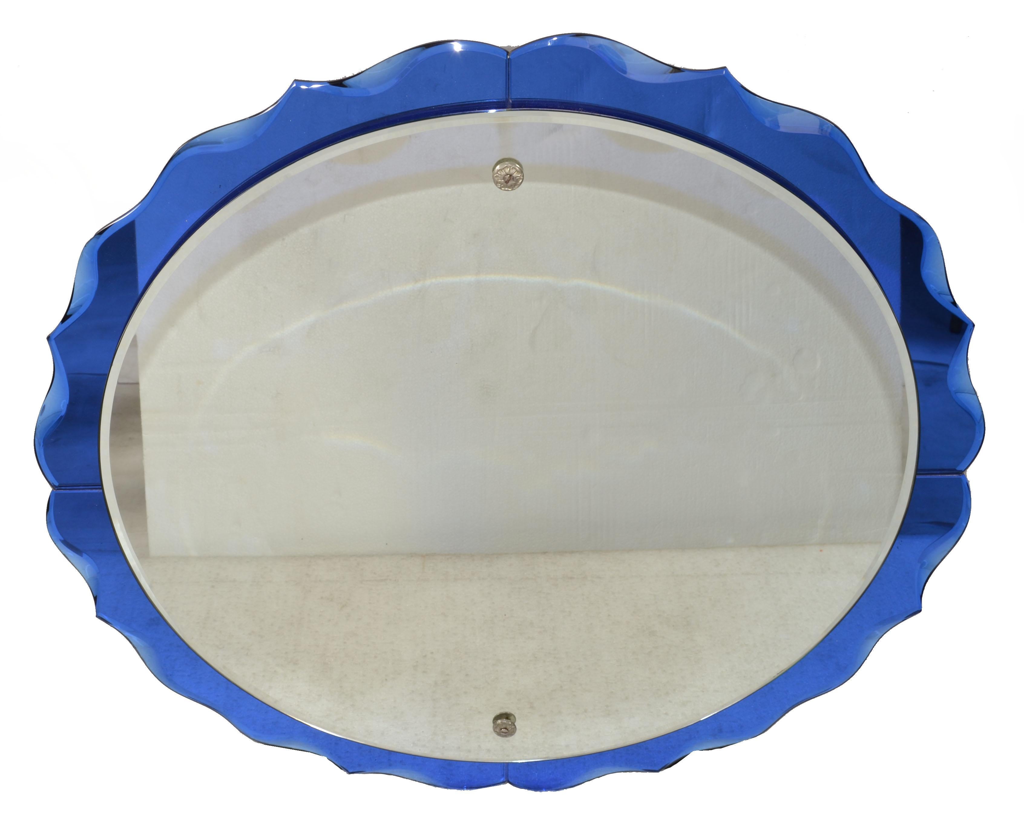 Italian Fontana Arte Style Cobalt Blue Round Double Glass Wall Mirror Italy Art Deco 60s For Sale