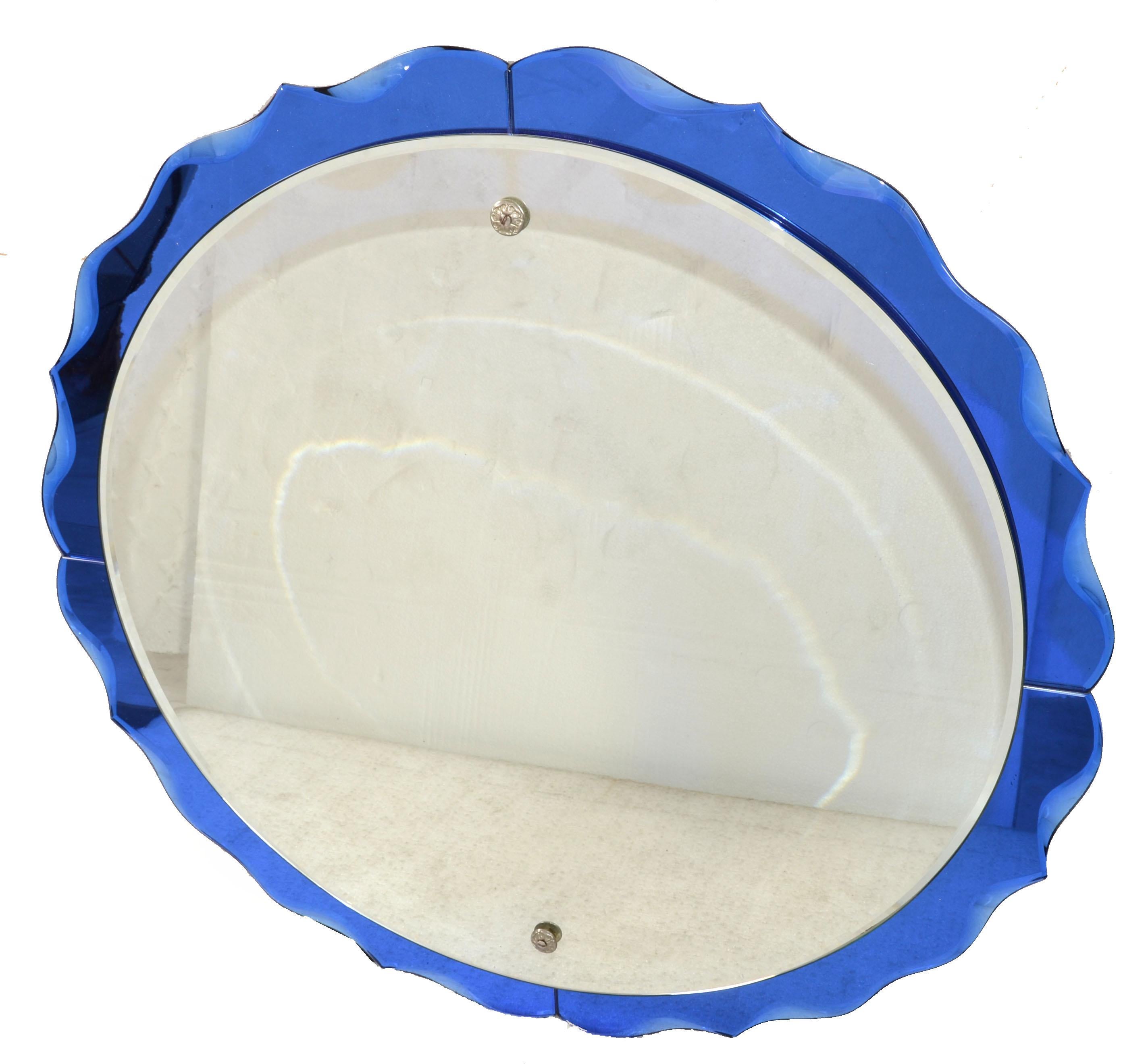 Hand-Crafted Fontana Arte Style Cobalt Blue Round Double Glass Wall Mirror Italy Art Deco 60s For Sale
