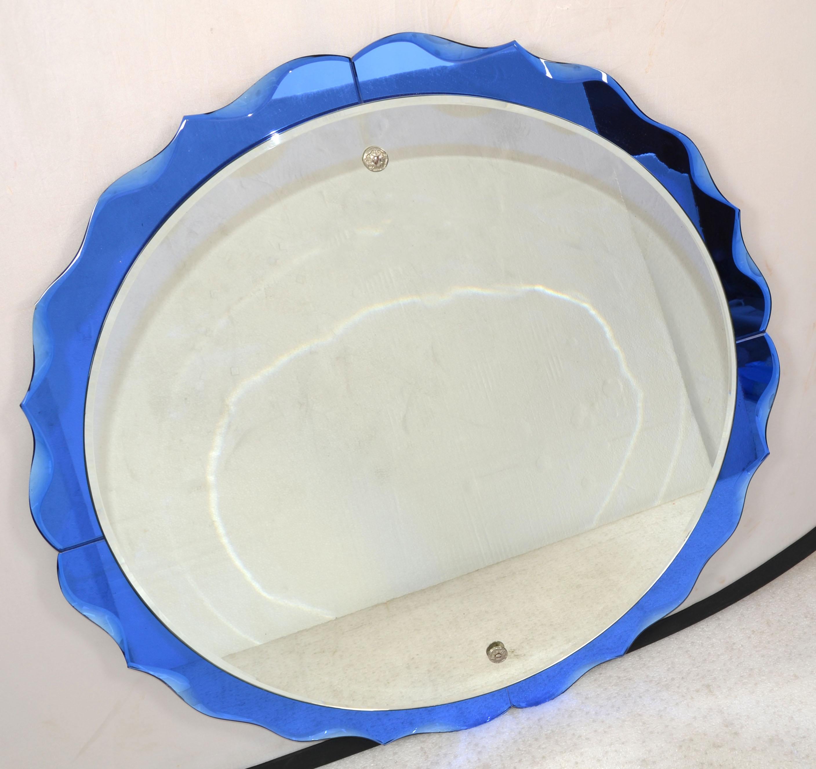 Fontana Arte Style Cobalt Blue Round Double Glass Wall Mirror Italy Art Deco 60s In Good Condition For Sale In Miami, FL