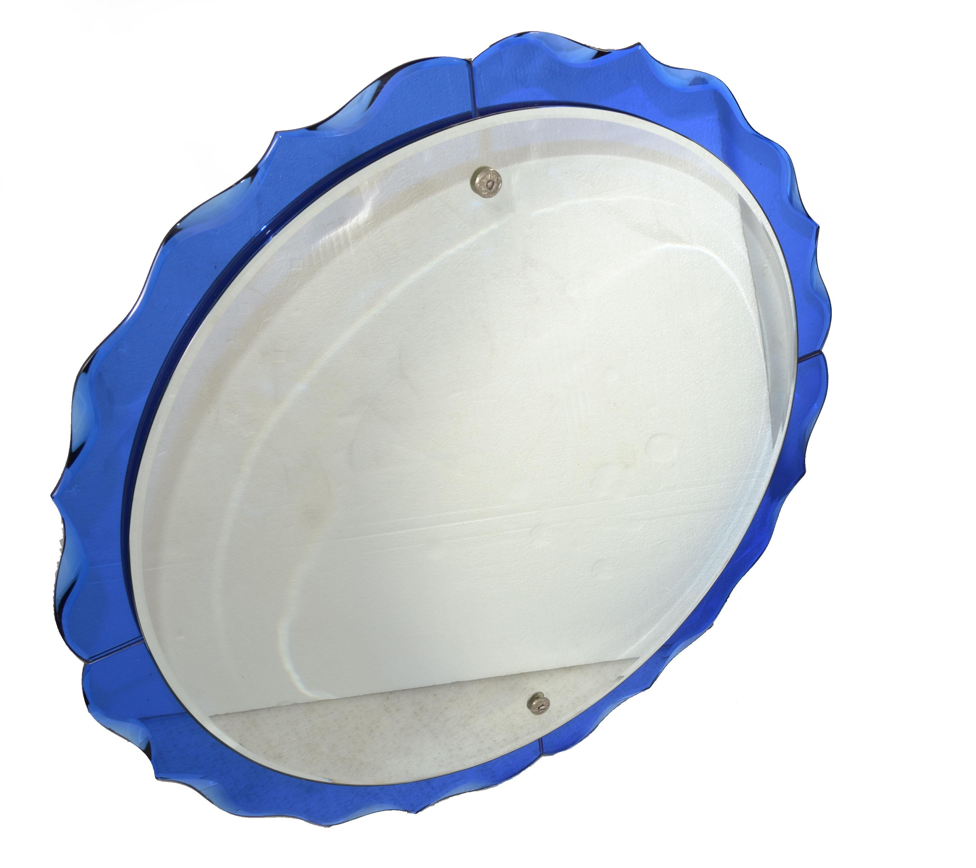 Fontana Arte Style Cobalt Blue Round Double Glass Wall Mirror Italy Art Deco 60s For Sale 2