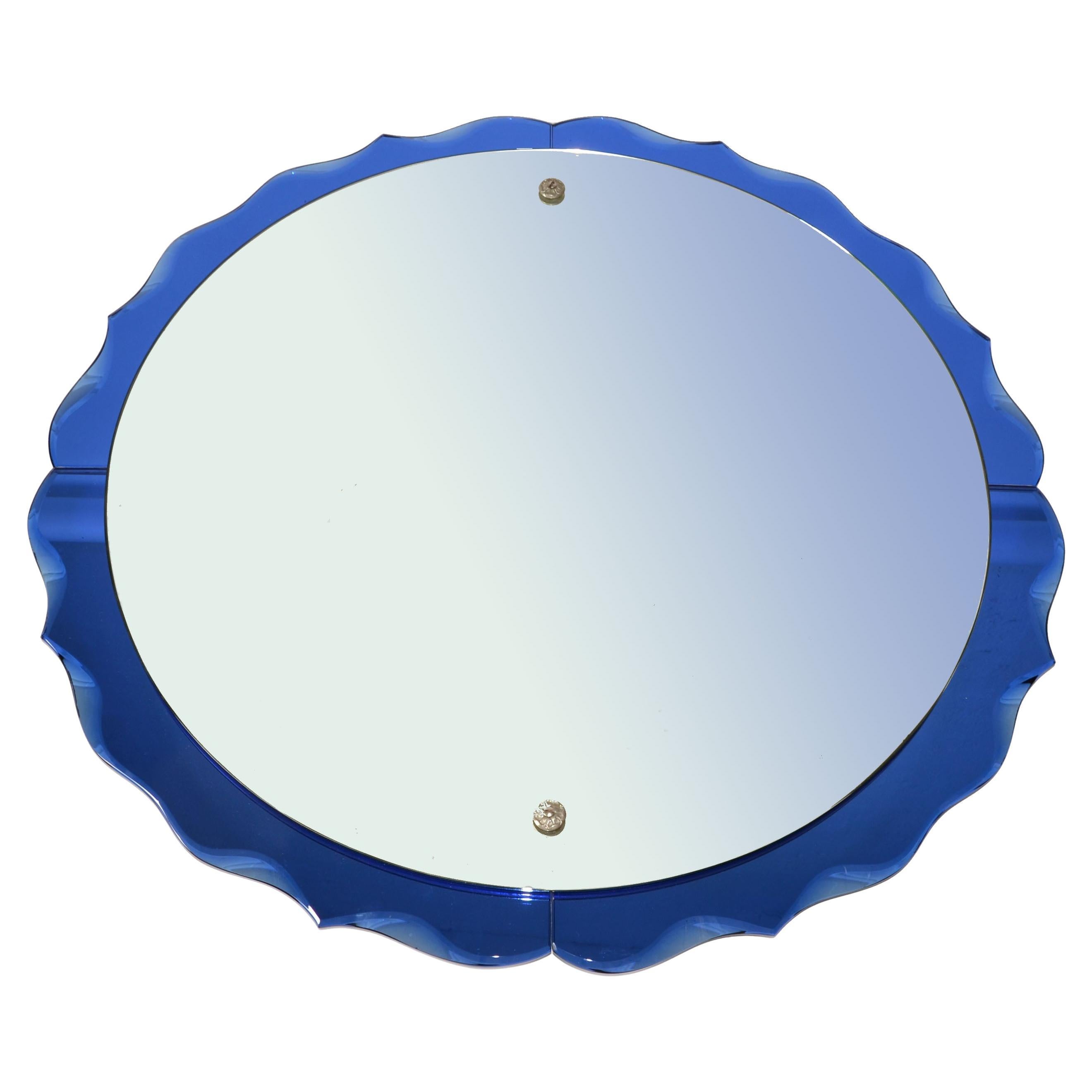 Fontana Arte Style Cobalt Blue Round Double Glass Wall Mirror Italy Art Deco 60s