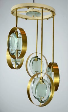 Fontana Arte Style Five Torchiere Blue / Green Murano Glass and Brass Chandelier