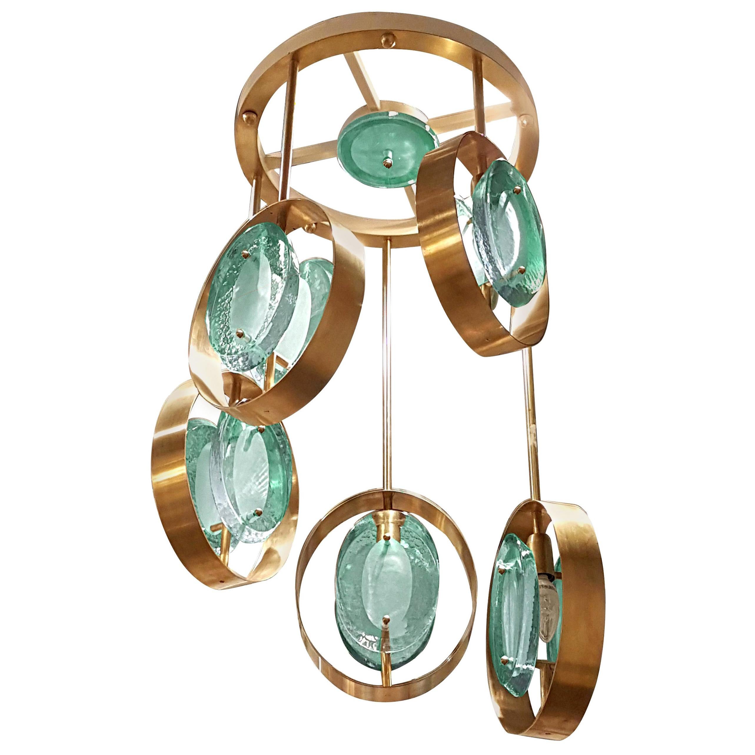 Fontana Arte Style Five Torchiere Blue / Green Murano Glass and Brass Chandelier For Sale