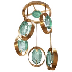 Fontana Arte Style Five Torchiere Blue / Green Murano Glass and Brass Chandelier