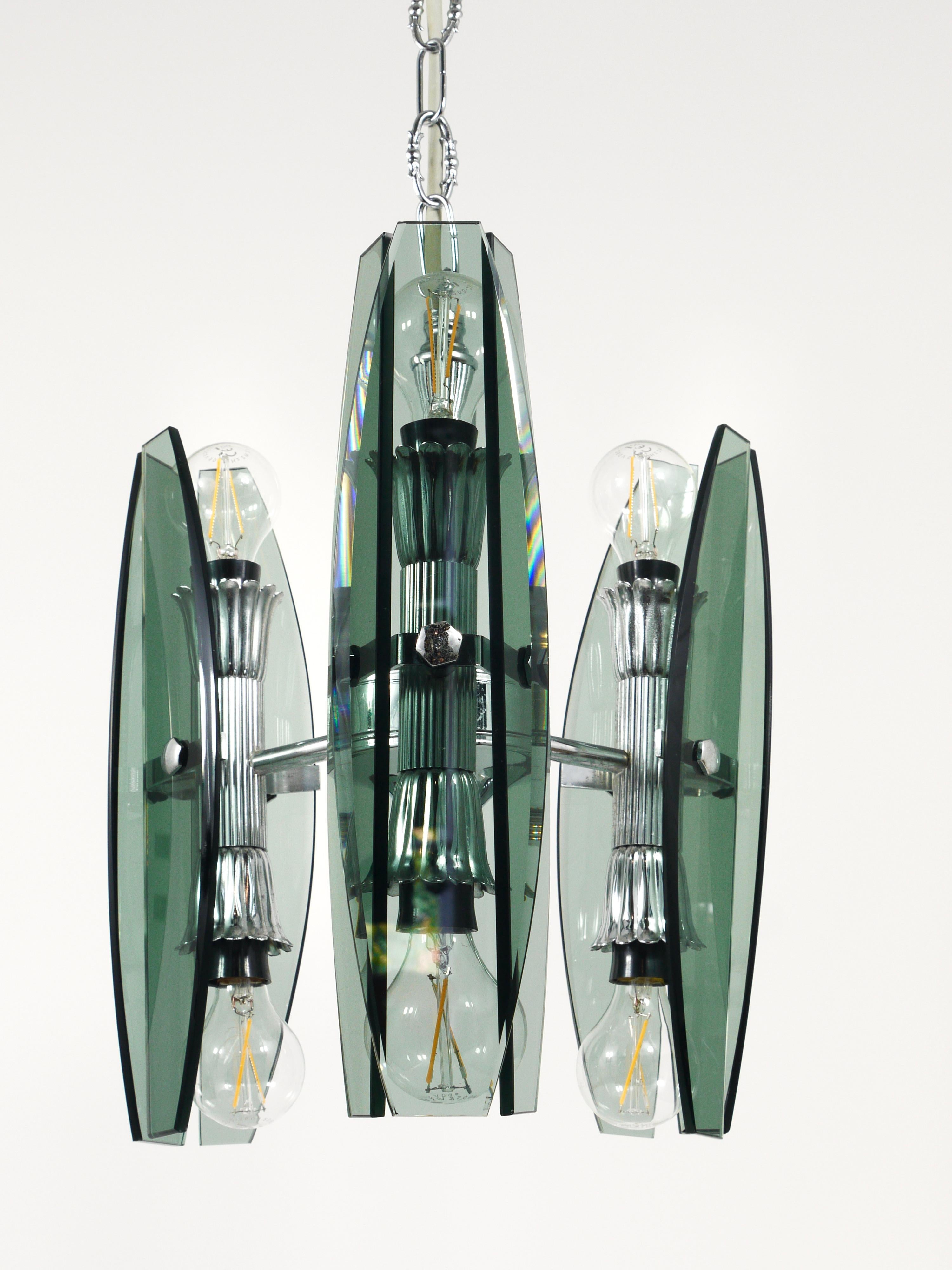 Kronleuchter-Pendelleuchte aus Glas und Chrom im Fontana-Arte-Stil von Veca Murano, Italien im Angebot 5
