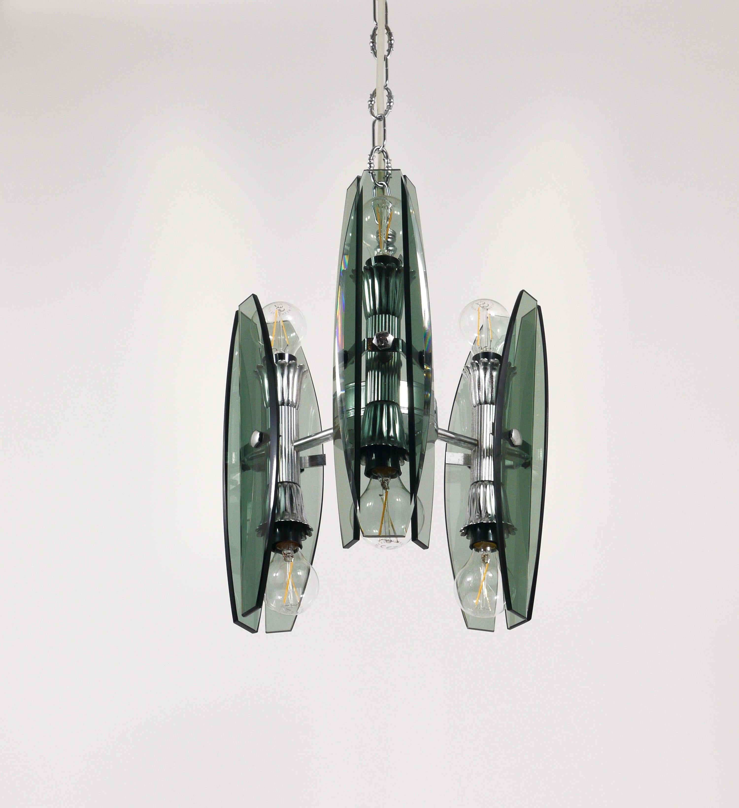 Kronleuchter-Pendelleuchte aus Glas und Chrom im Fontana-Arte-Stil von Veca Murano, Italien im Angebot 8