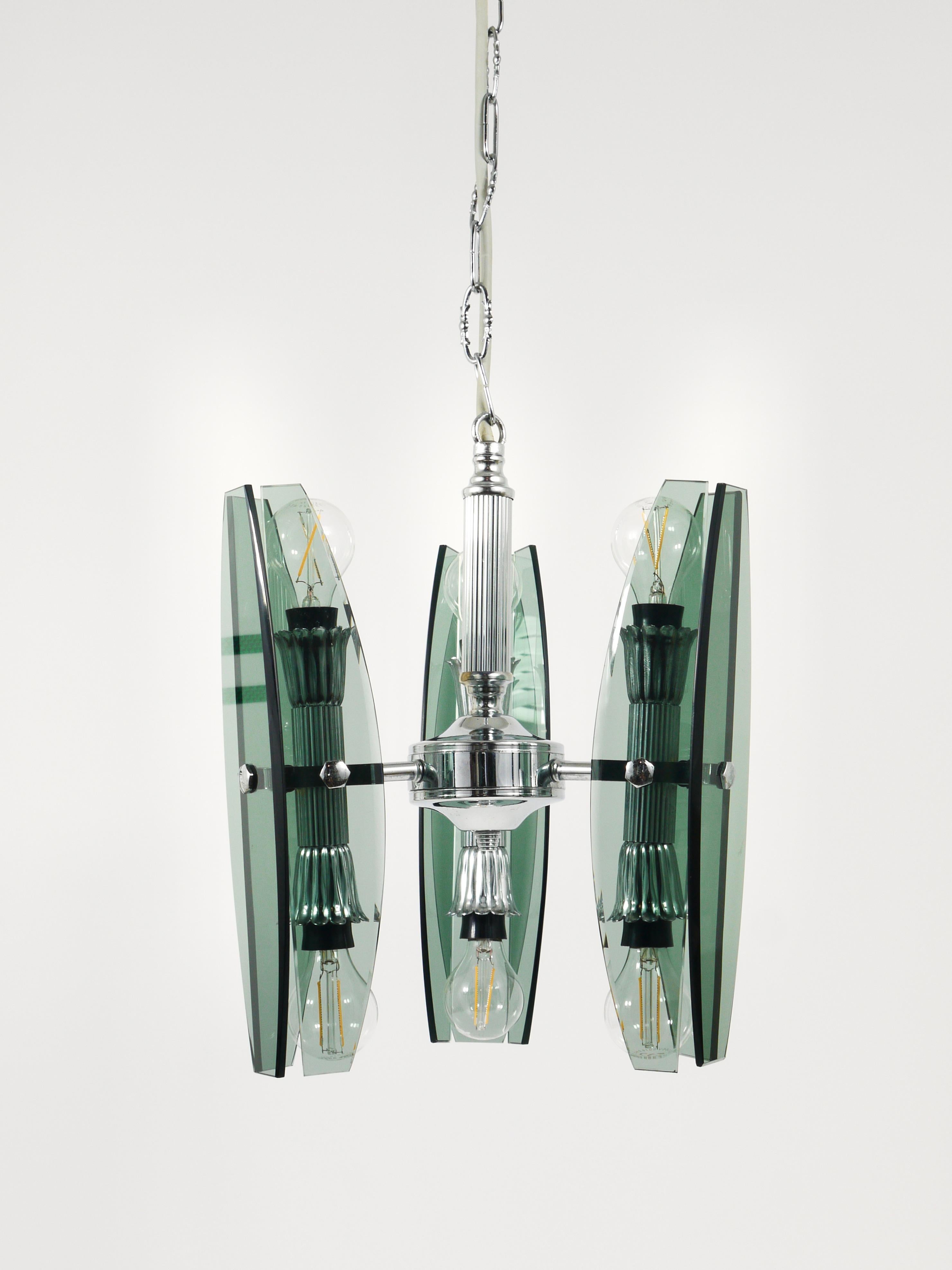 Kronleuchter-Pendelleuchte aus Glas und Chrom im Fontana-Arte-Stil von Veca Murano, Italien im Angebot 9
