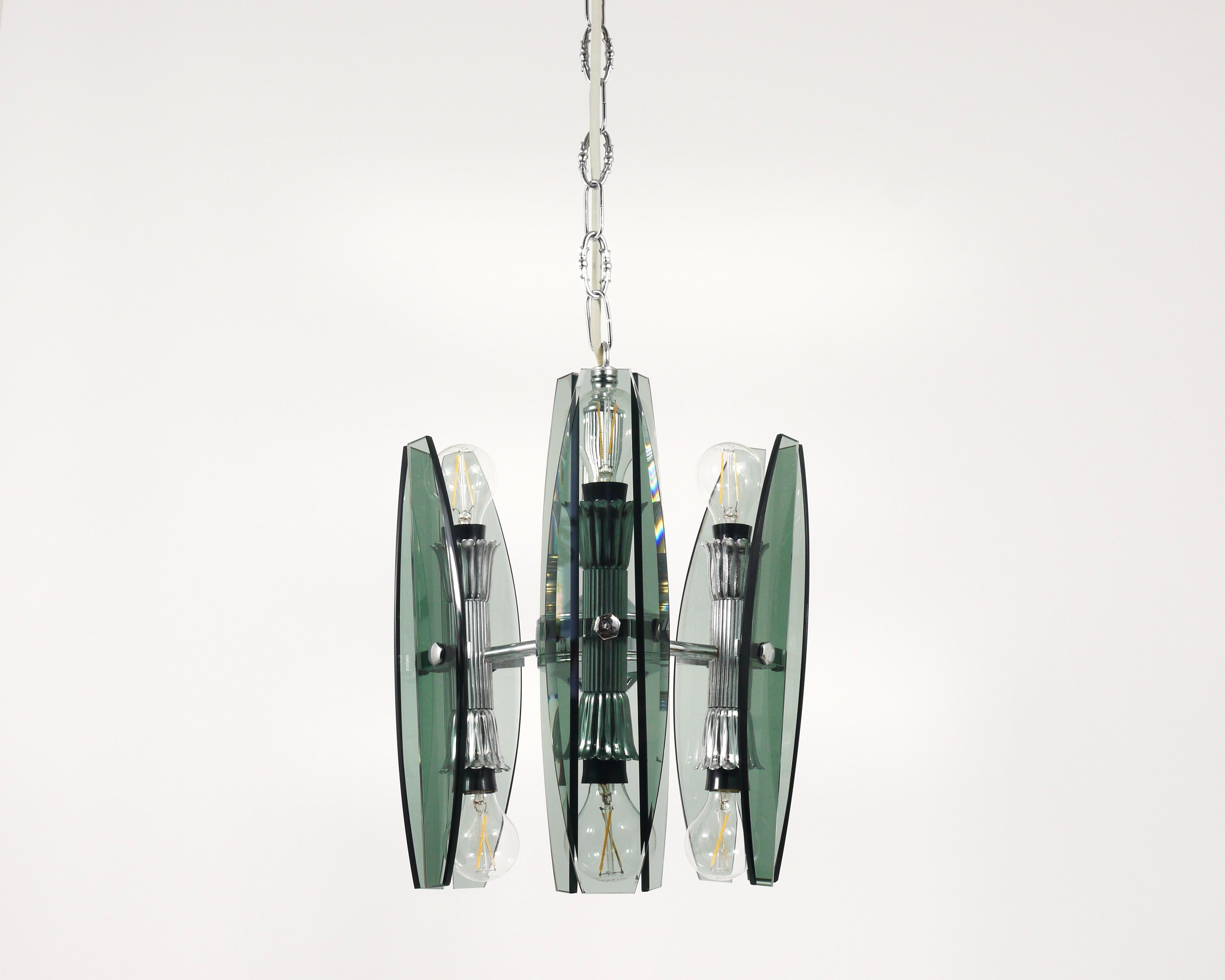 Kronleuchter-Pendelleuchte aus Glas und Chrom im Fontana-Arte-Stil von Veca Murano, Italien im Angebot 10