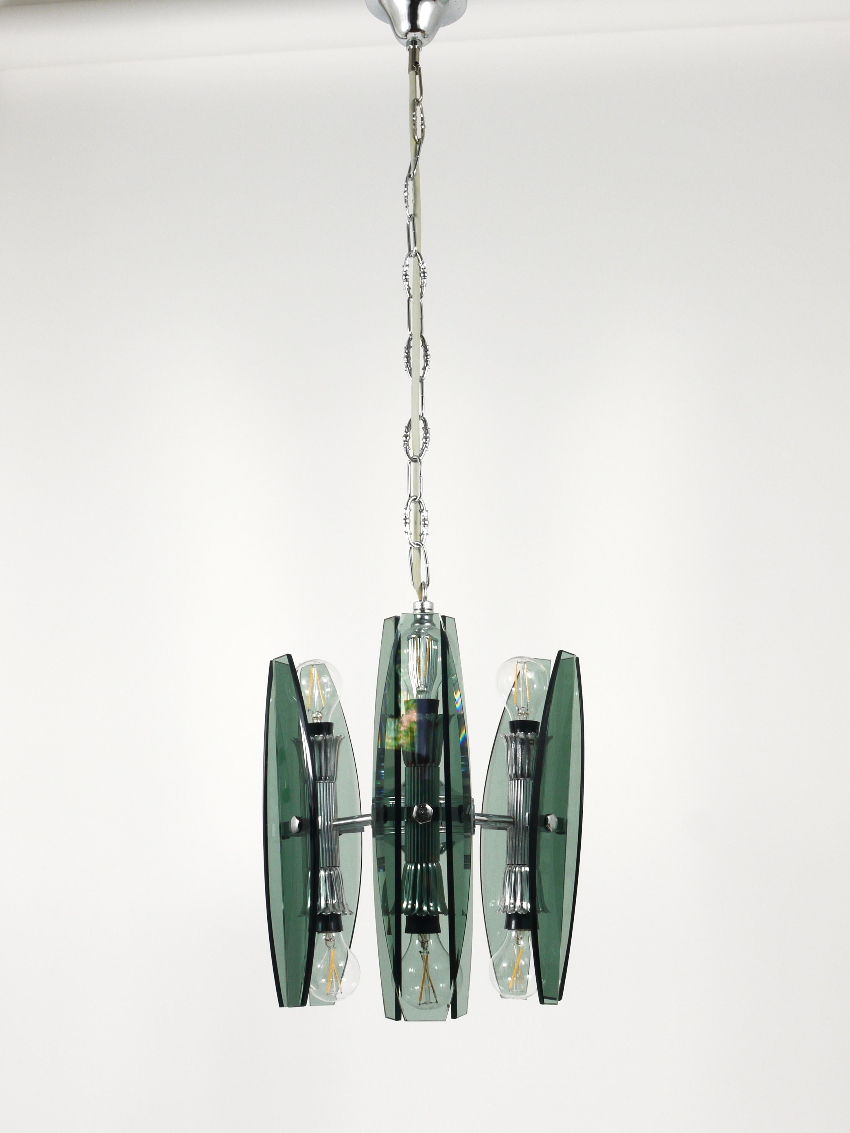 Kronleuchter-Pendelleuchte aus Glas und Chrom im Fontana-Arte-Stil von Veca Murano, Italien (20. Jahrhundert) im Angebot