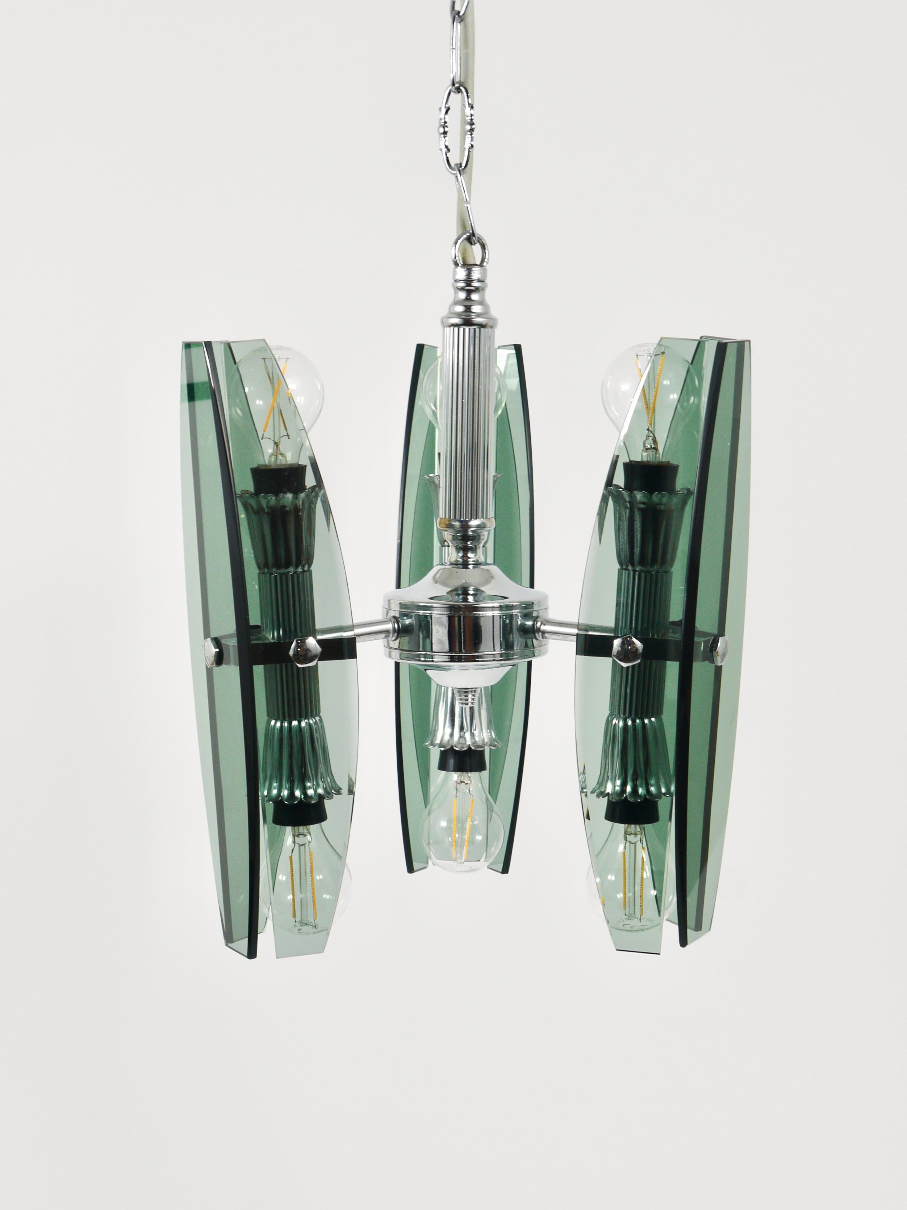 Kronleuchter-Pendelleuchte aus Glas und Chrom im Fontana-Arte-Stil von Veca Murano, Italien im Angebot 1