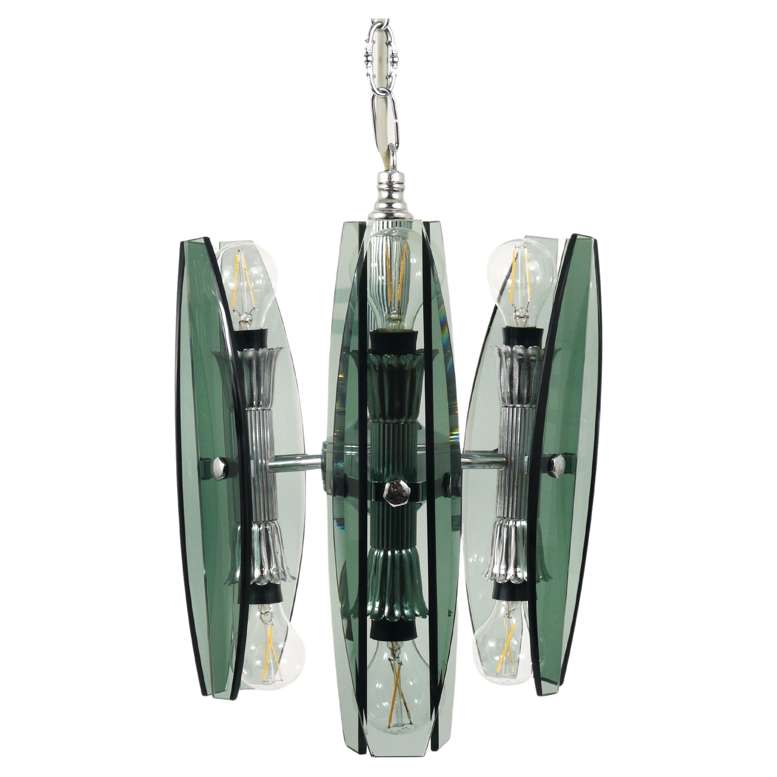 Fontana Arte Style Glass & Chrome Chandelier Pendant Light by Veca Murano, Italy