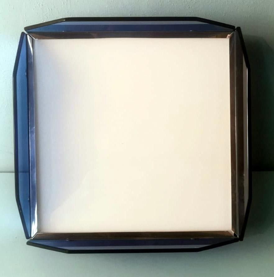 20th Century Veca Style Italian Ceiling Lamp Light Blue Glass And Metal For Sale