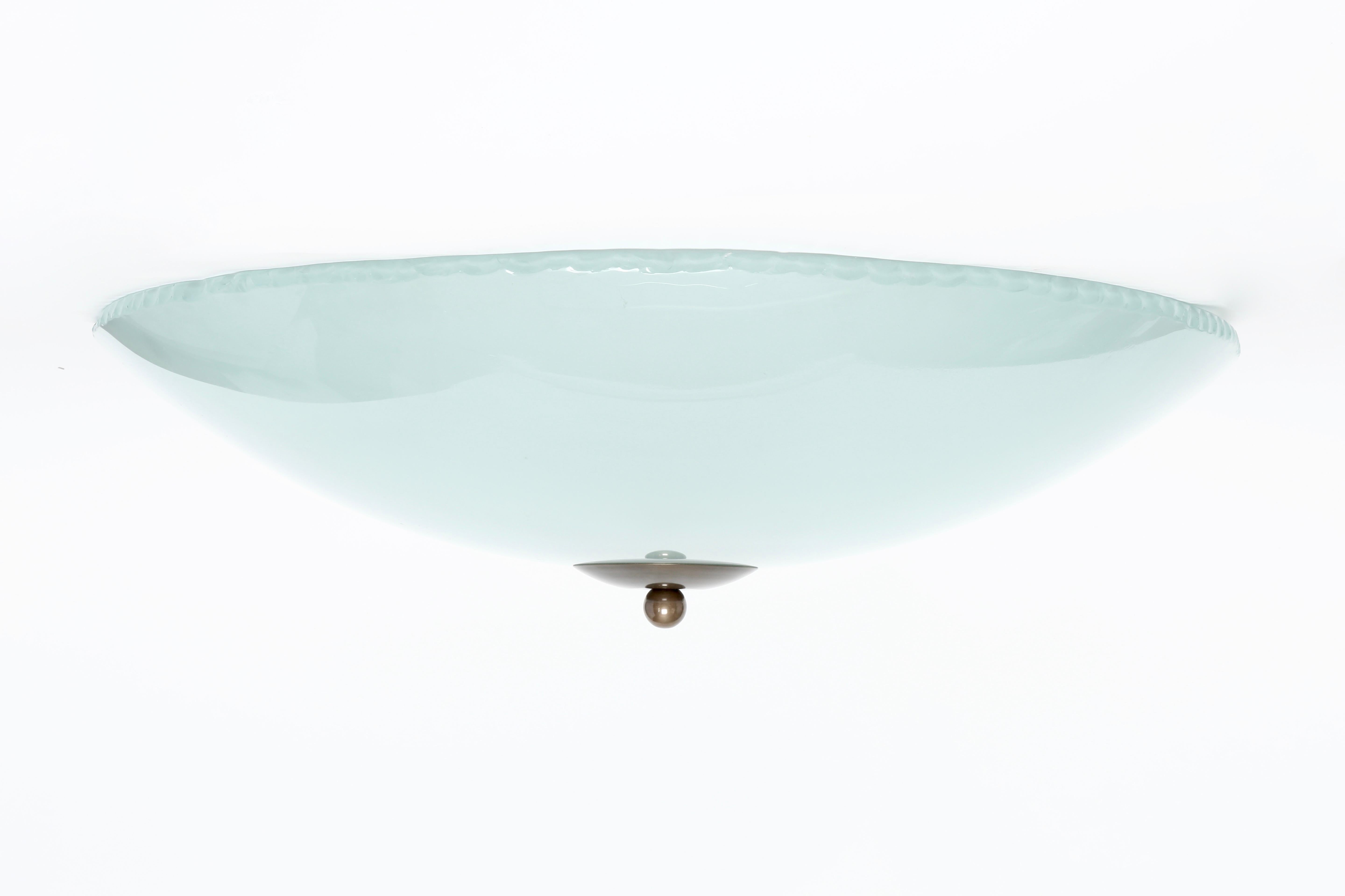 Fontana Arte style large flush mount ceiling light.
Designed and manufactured in Italy in 1960s.
Hand blown and hand chiselled glass.
Six candelabra sockets.
Complimentary US rewiring upon request.
