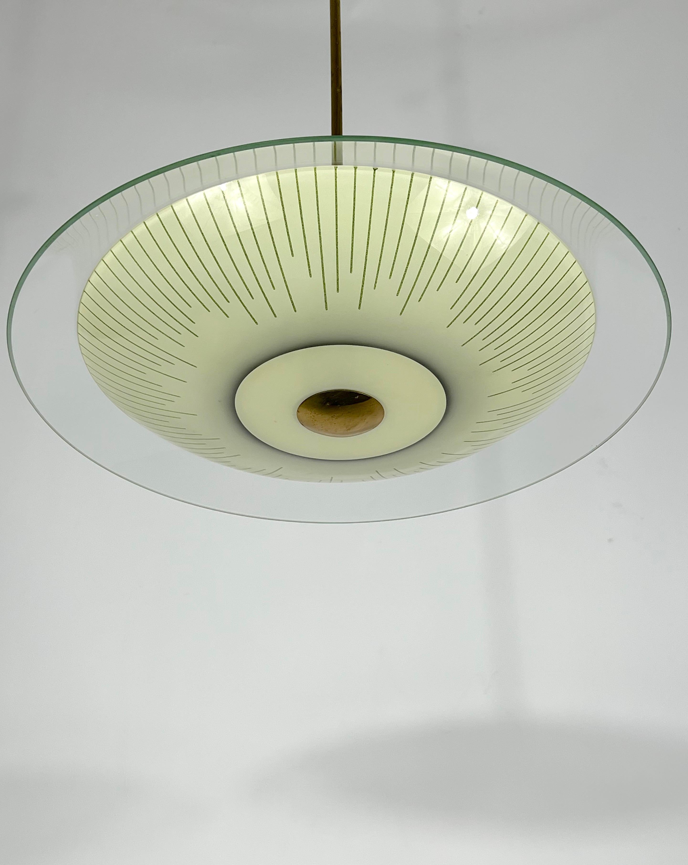 Italian Fontana Arte Style, Mid-Century Curved Glass Disc Chandelier from 50s For Sale