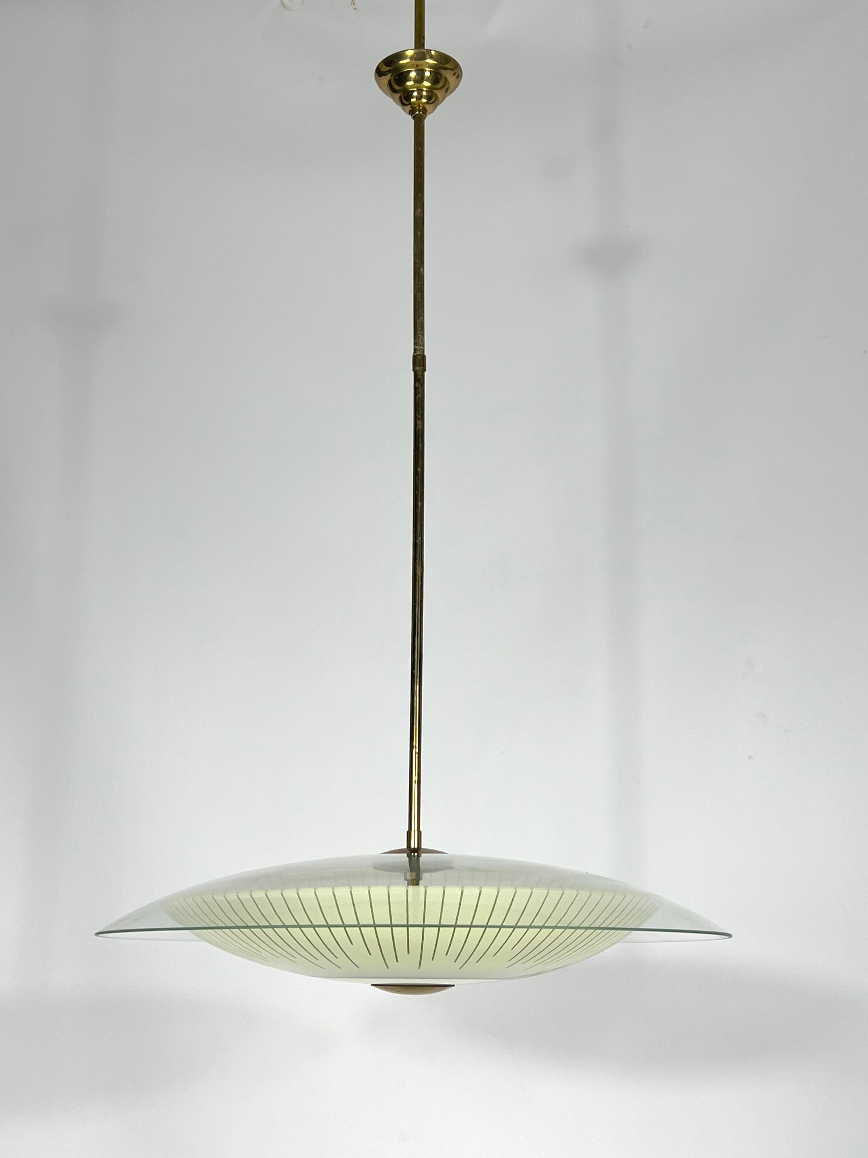 20th Century Fontana Arte Style, Mid-Century Curved Glass Disc Chandelier from 50s For Sale