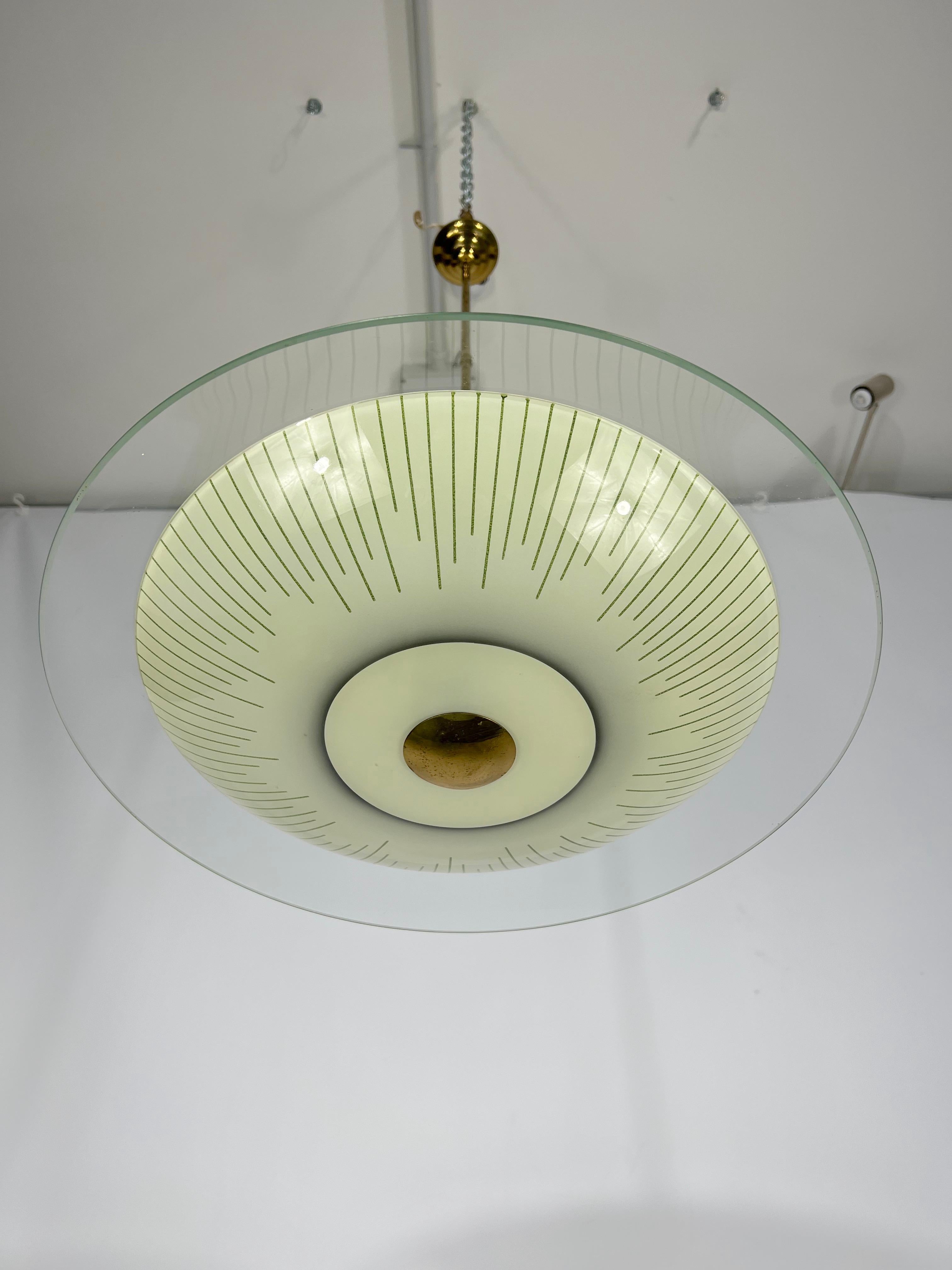 Fontana Arte Style, Mid-Century Curved Glass Disc Chandelier from 50s For Sale 1