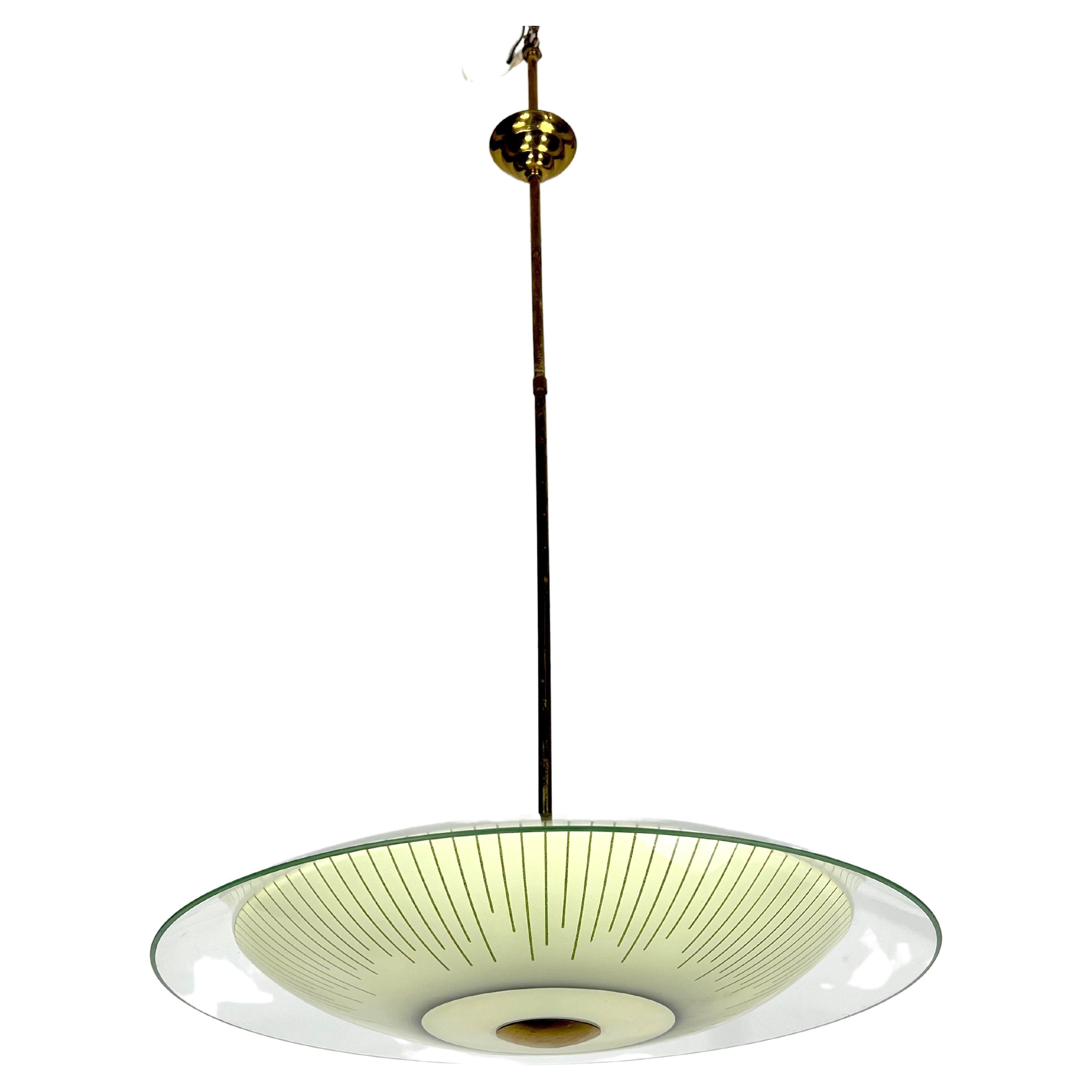 Fontana Arte Style, Mid-Century Curved Glass Disc Chandelier from 50s