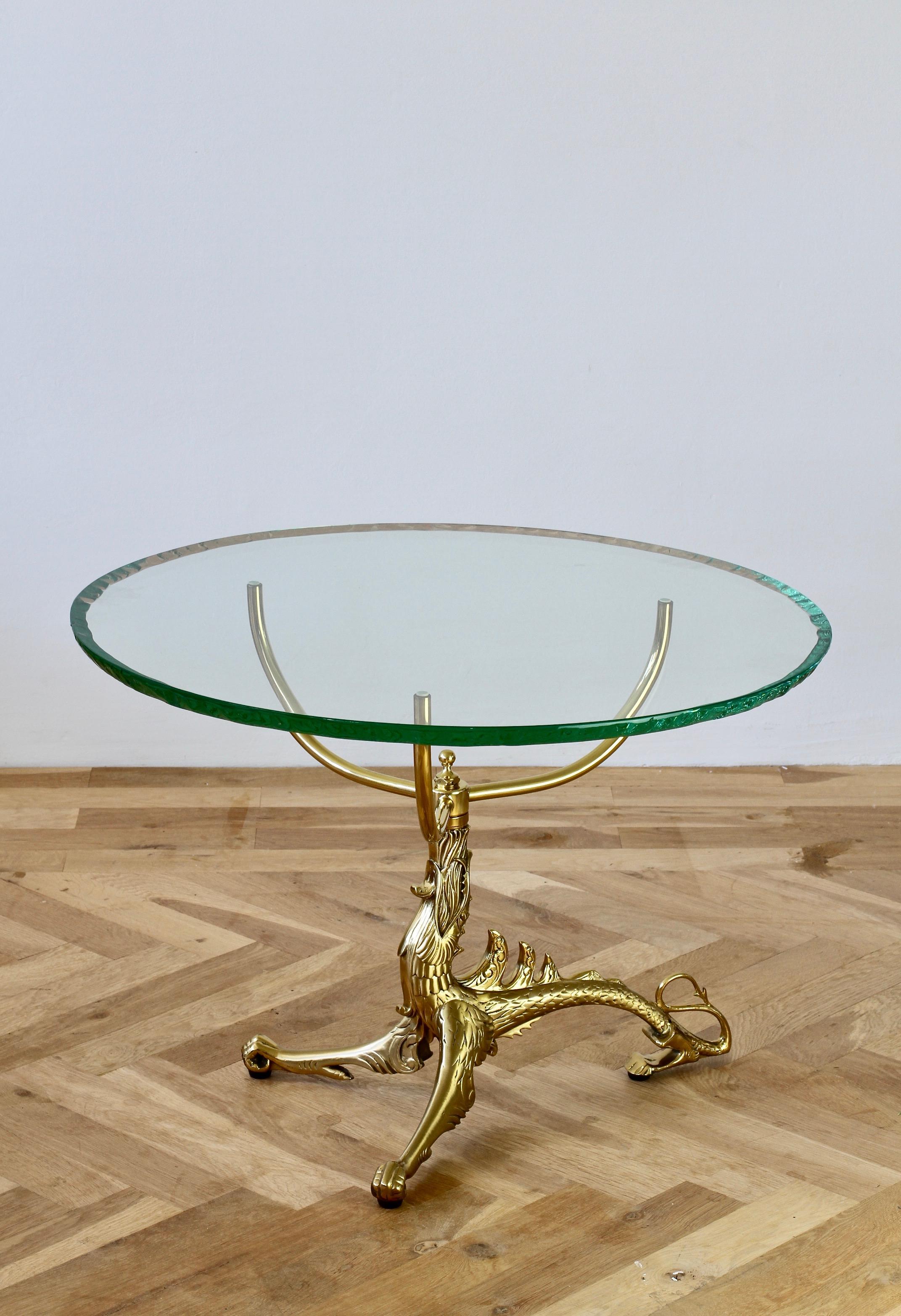 French Fontana Arte Style Cast Brass Dragon Side or End Table Chipped Edge Glass Top