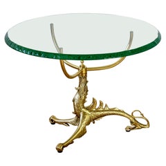 Fontana Arte Style Cast Brass Dragon Side or End Table Chipped Edge Glass Top