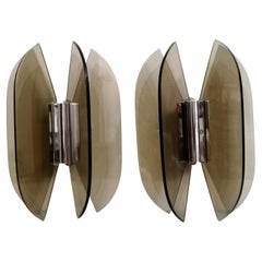 Fontana Arte Style Pair of Italian Wall Sconces with 4 Smoked Tempered Crystals