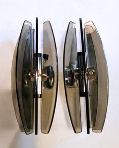 Fontana Arte Style Pair of Italian Wall Sconces with 5 Smoked Tempered Crystals