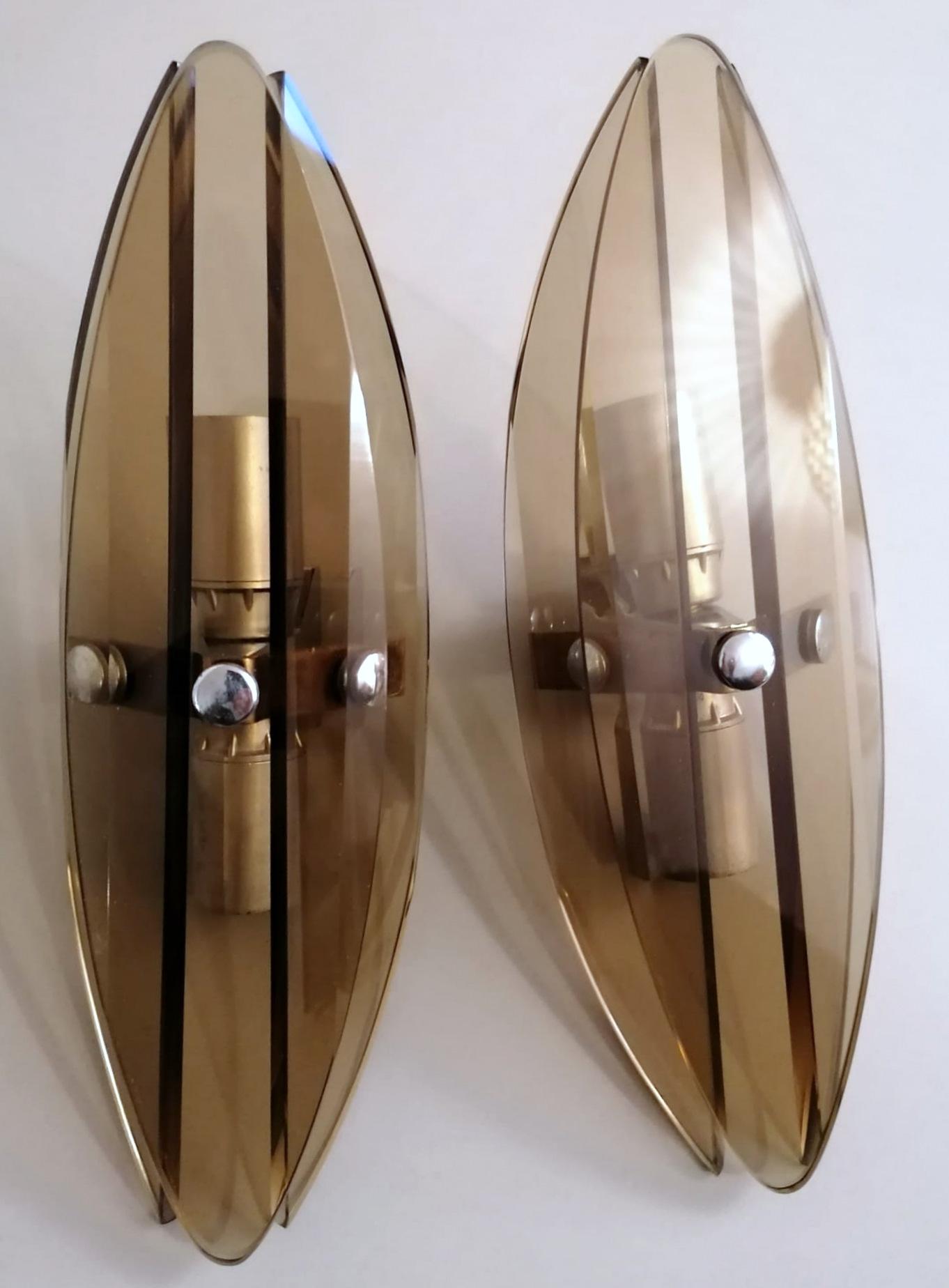 Mid-Century Modern Fontana Arte Style Pair of Sconces Smoked Tempered Glass and Nickel-Plated Brass