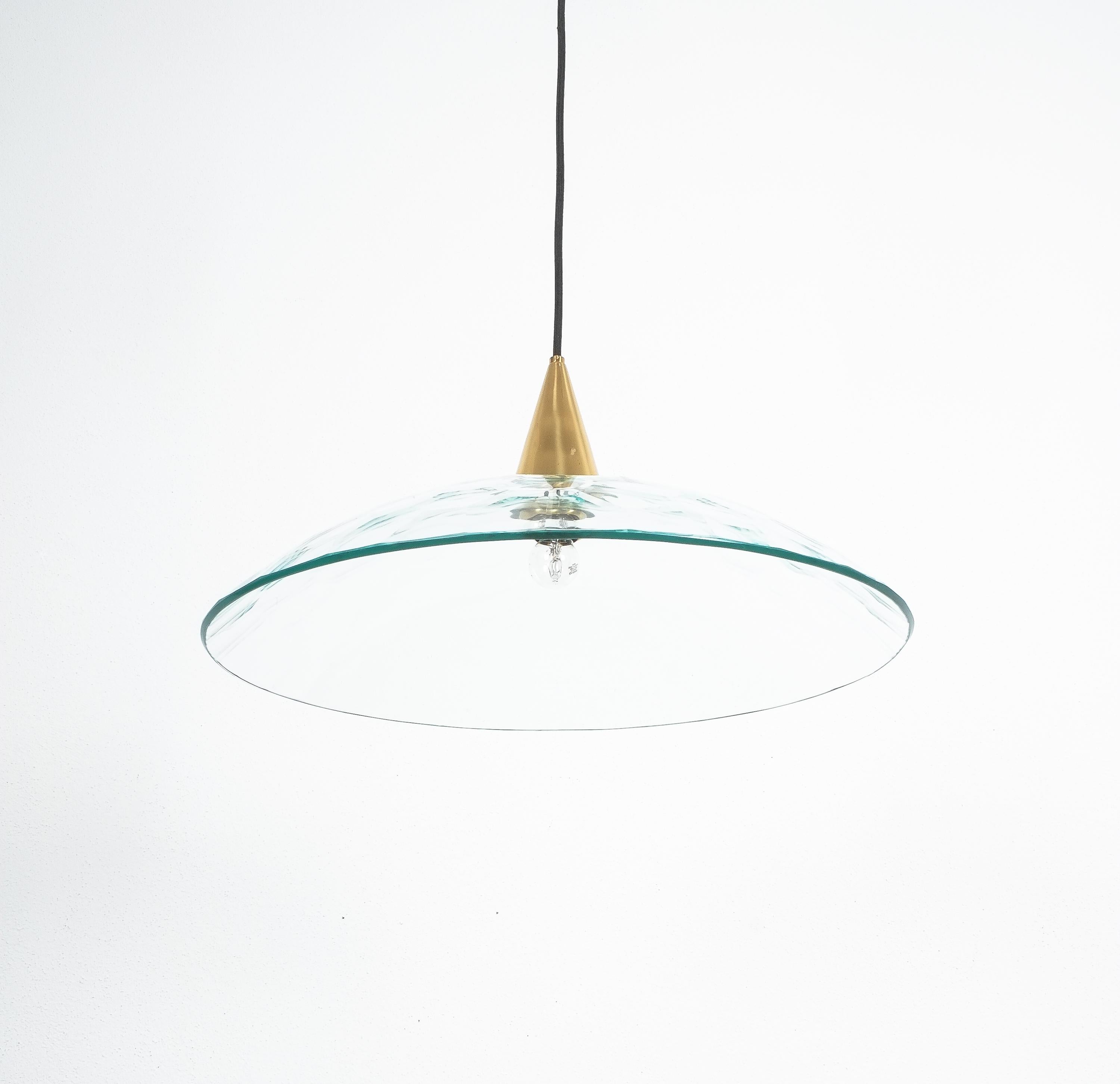Late 20th Century Fontana Arte Style Pendant Lamp Crystal Glass Brass, Italy, 1975 For Sale